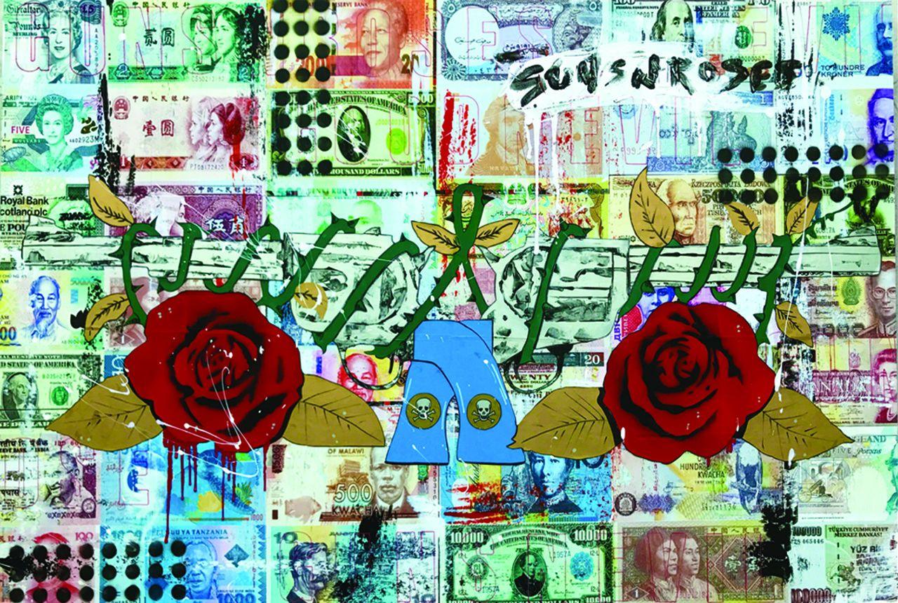 Guns N' Roses, techniques mixtes sur panneau de bois - Mixed Media Art de Greg Beebe
