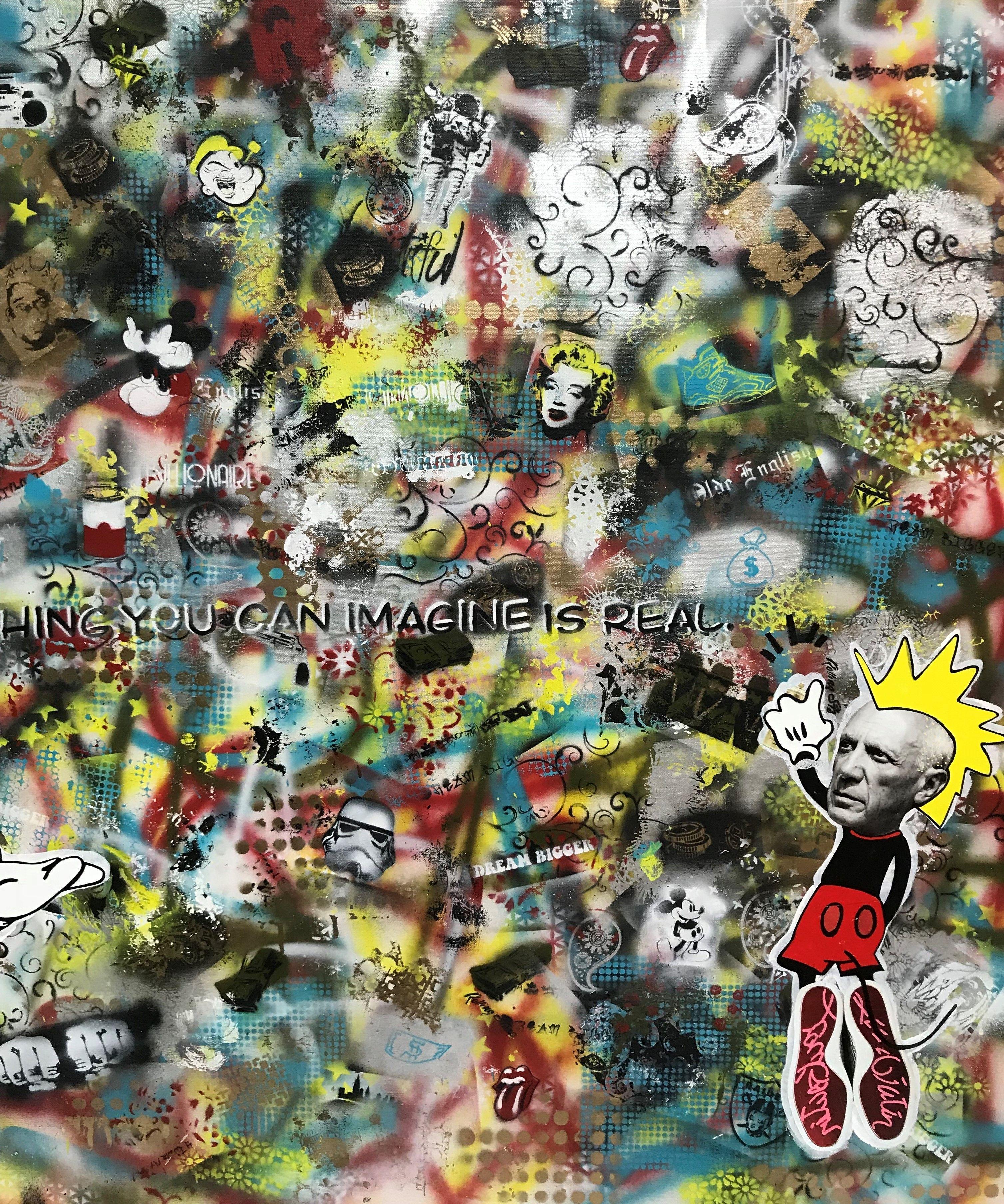 Leveraging photos of Marilyn Monroe and Pablo Picasso, the piece integrates a large number of hand made stencils creating a background of chaos and imagination running wild.  Acrylics, spray paints on canvas and resin cover.    :: Mixed Media ::