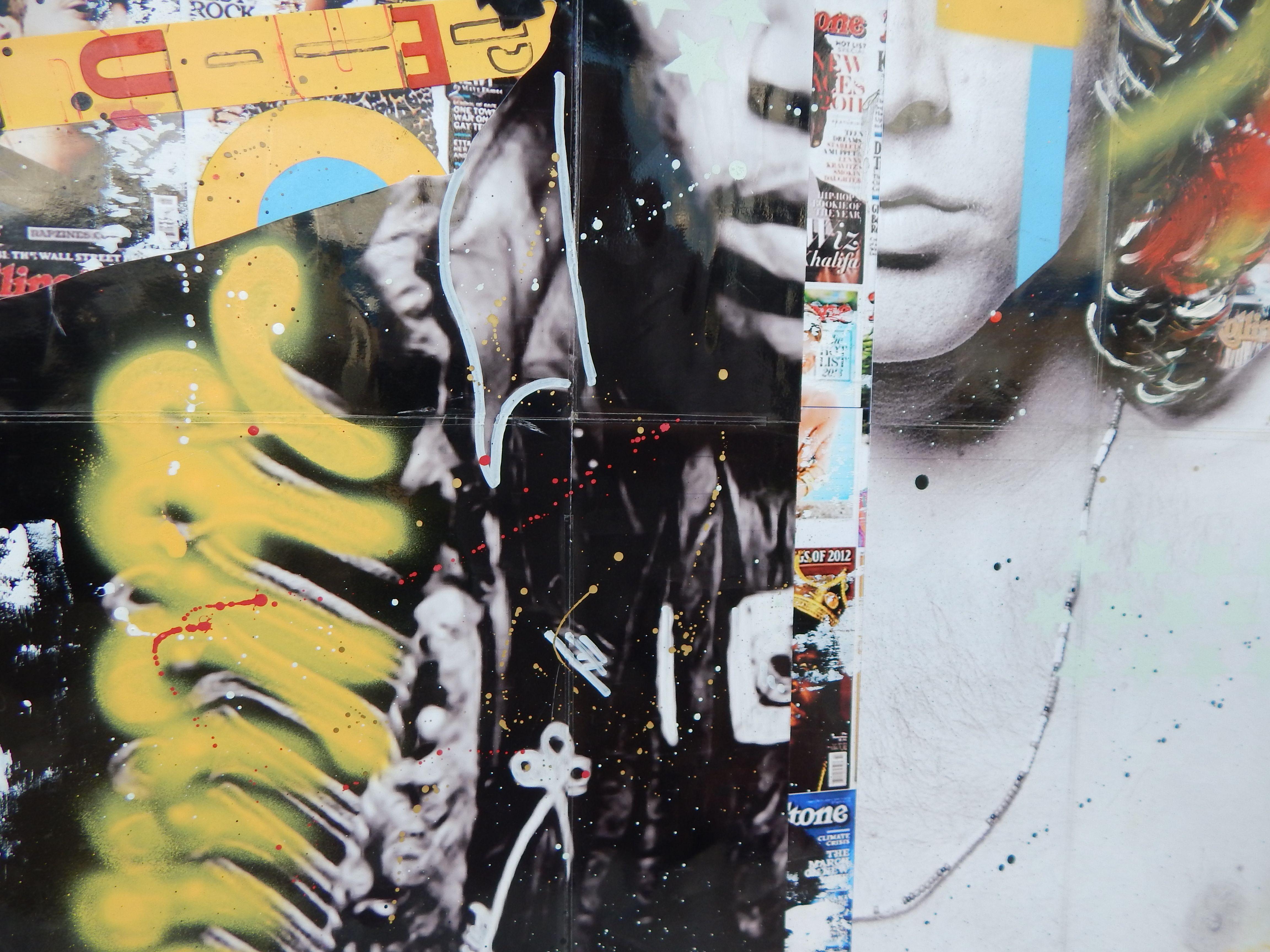 Piece celebrates iconic musicians, Jimi Hendrix and Jim Morrison. Intense use of color calls to light their amazing personality, talent and electric performances.  Collage materials, acrylics, spray paints, air brush on wood board and resin cover.