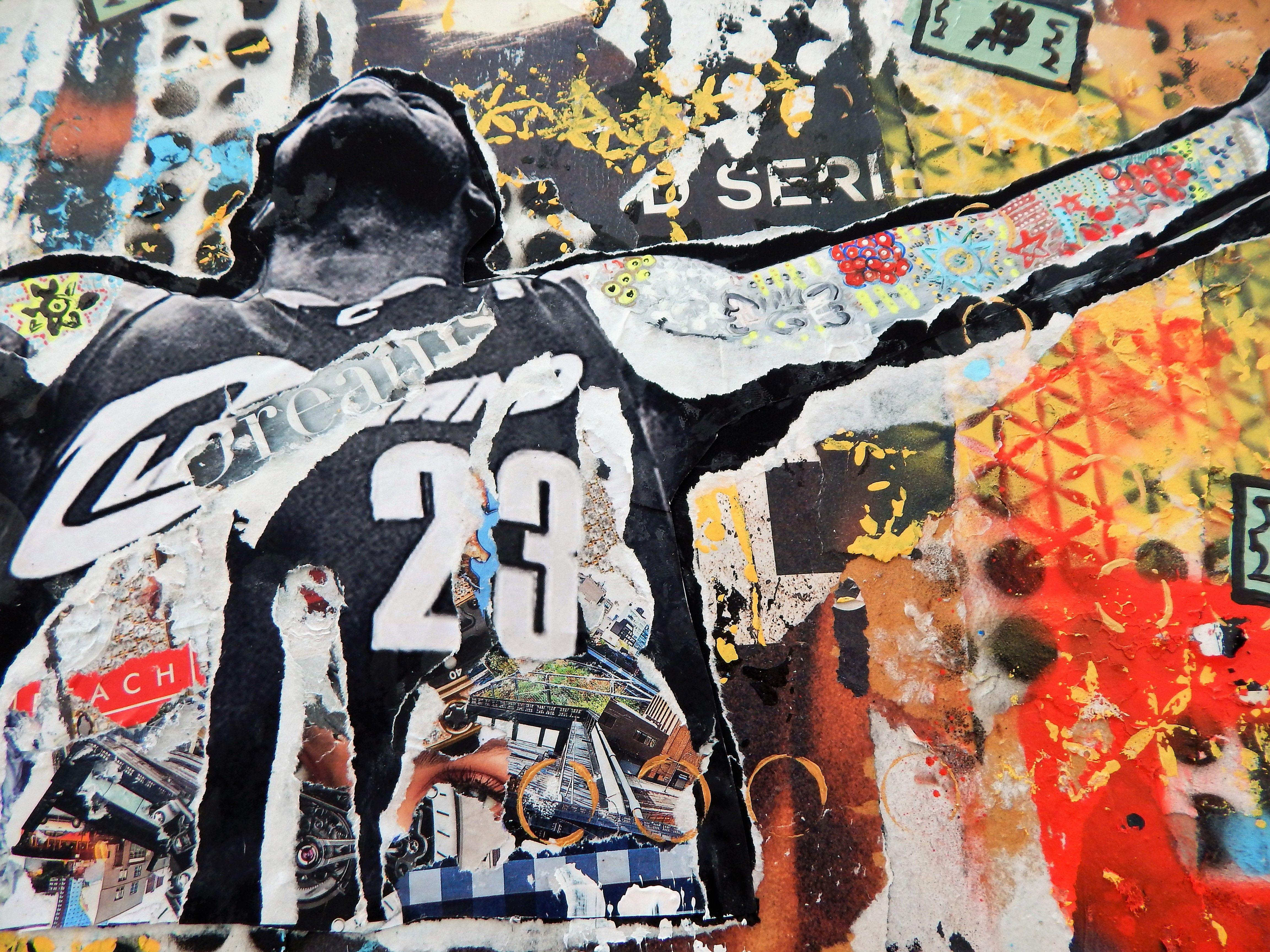 Iconic image of Lebron James pre-game warm up.  Collage materials including street posters from Wynwood Miami, acrylics, spray paints on wood board and resin cover.  Mixed media on wood and resin finish   :: Mixed Media :: Pop-Art :: This piece