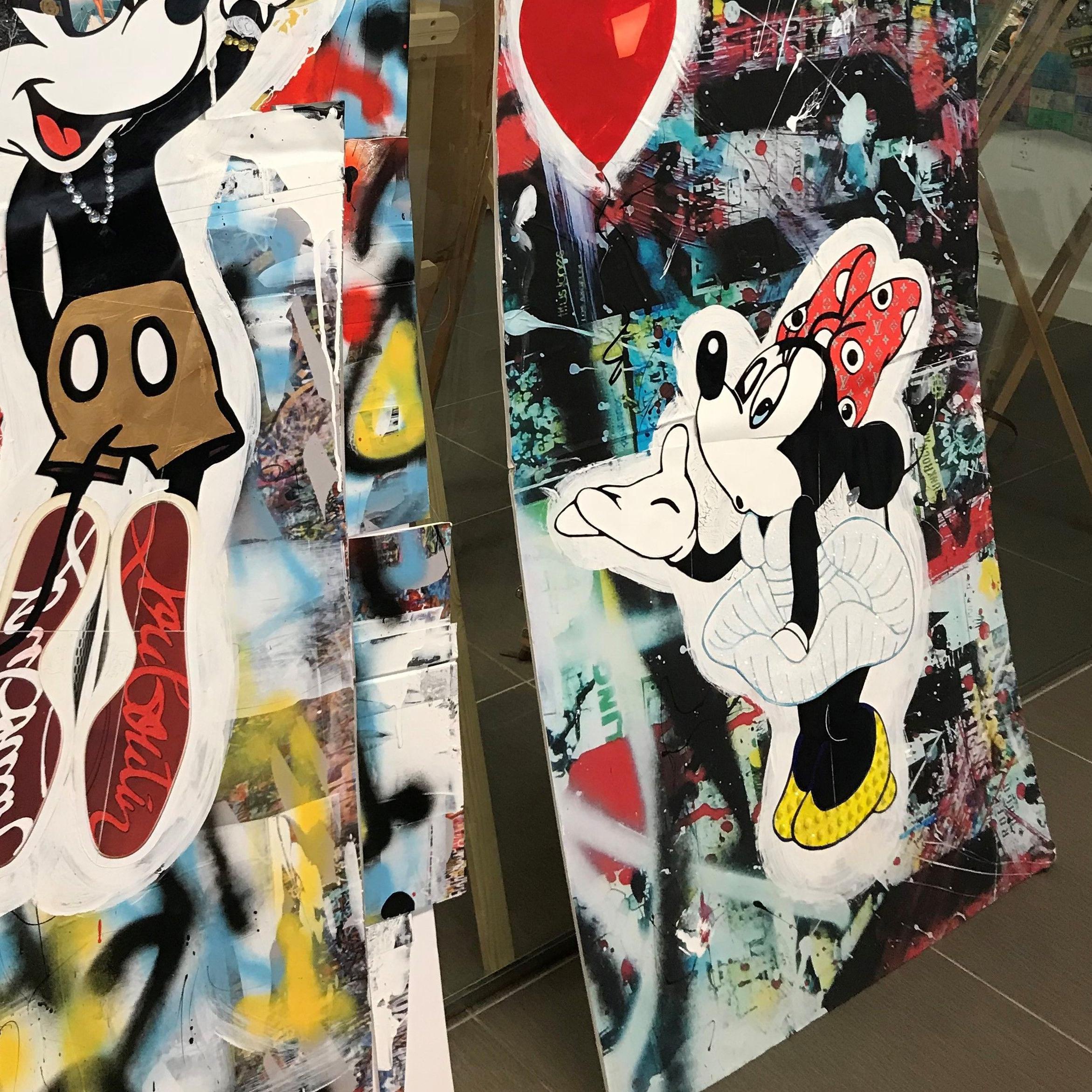 Vintage Mickey and Minnie - Mickey spray paints while Minnie watches.  Collage materials including acrylics, spray paints, diamond dust on poster board.    :: Mixed Media :: Pop-Art :: This piece comes with an official certificate of authenticity