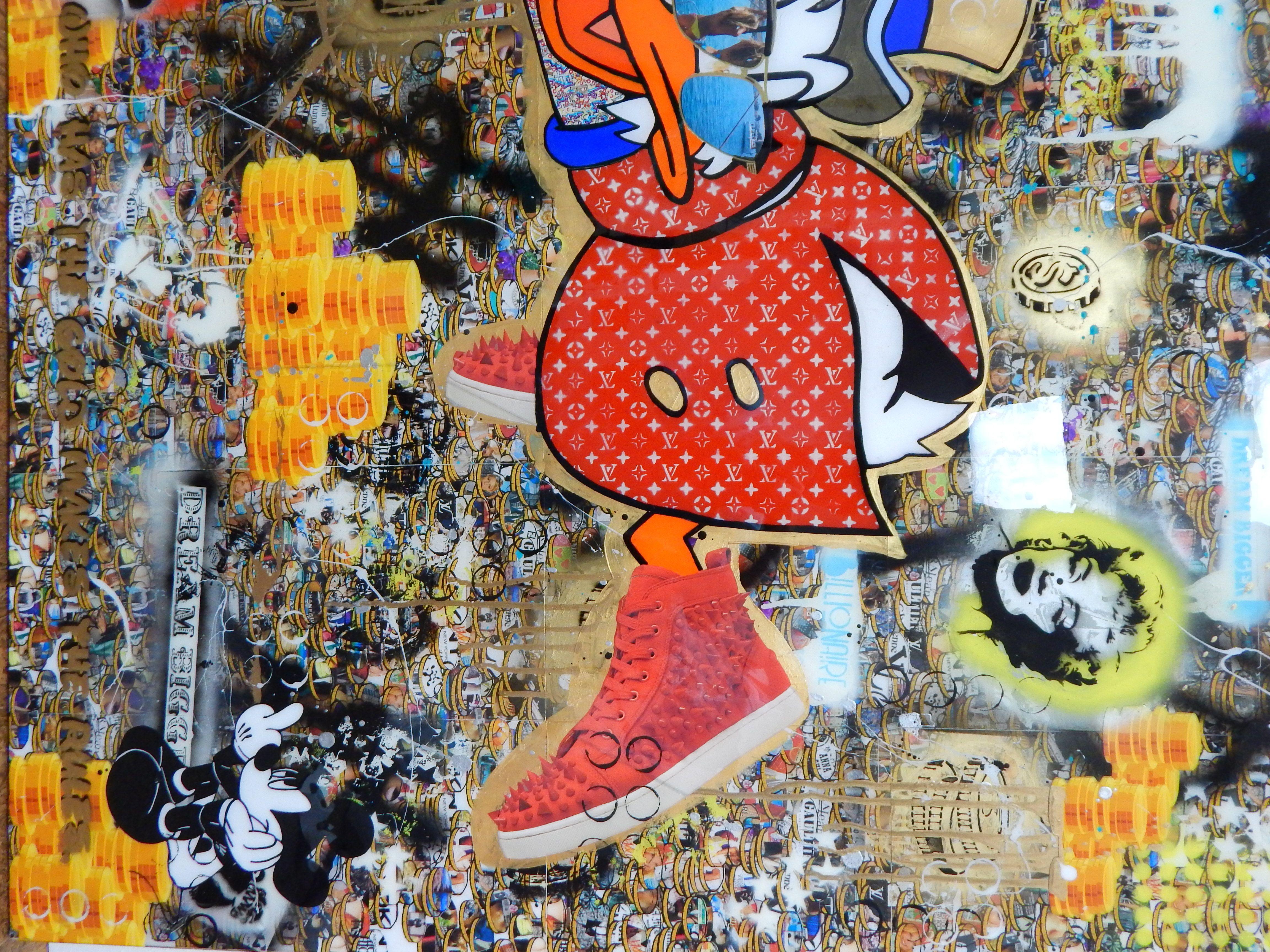 The Golden Rule - He who has the gold, makes the rules. Piece leverages Scrooge McDuck and his wealth, calling light to the haters (Mickey/Goofy). Piece celebrates the power of hard work and financial success.  Collage materials, acrylics, spray