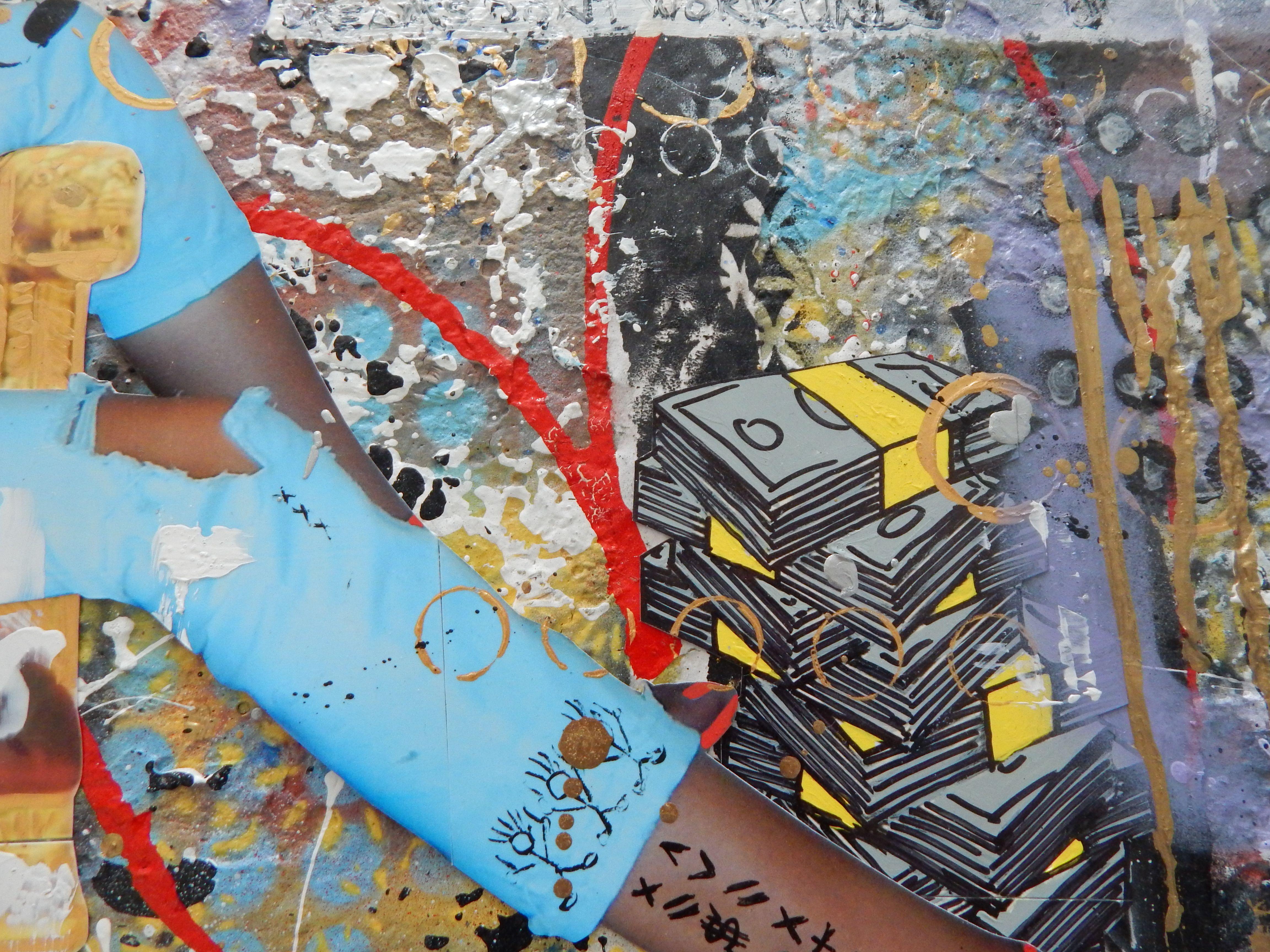 Un pezzo dal significato multiplo: controlla il tuo destino, prendi ciò che è tuo e ciò che non è tuo, conquista l'inconquistabile, sii te stesso.  Materiali per il collage, tra cui manifesti stradali di Wood Miami, acrilici, vernici spray su tavola