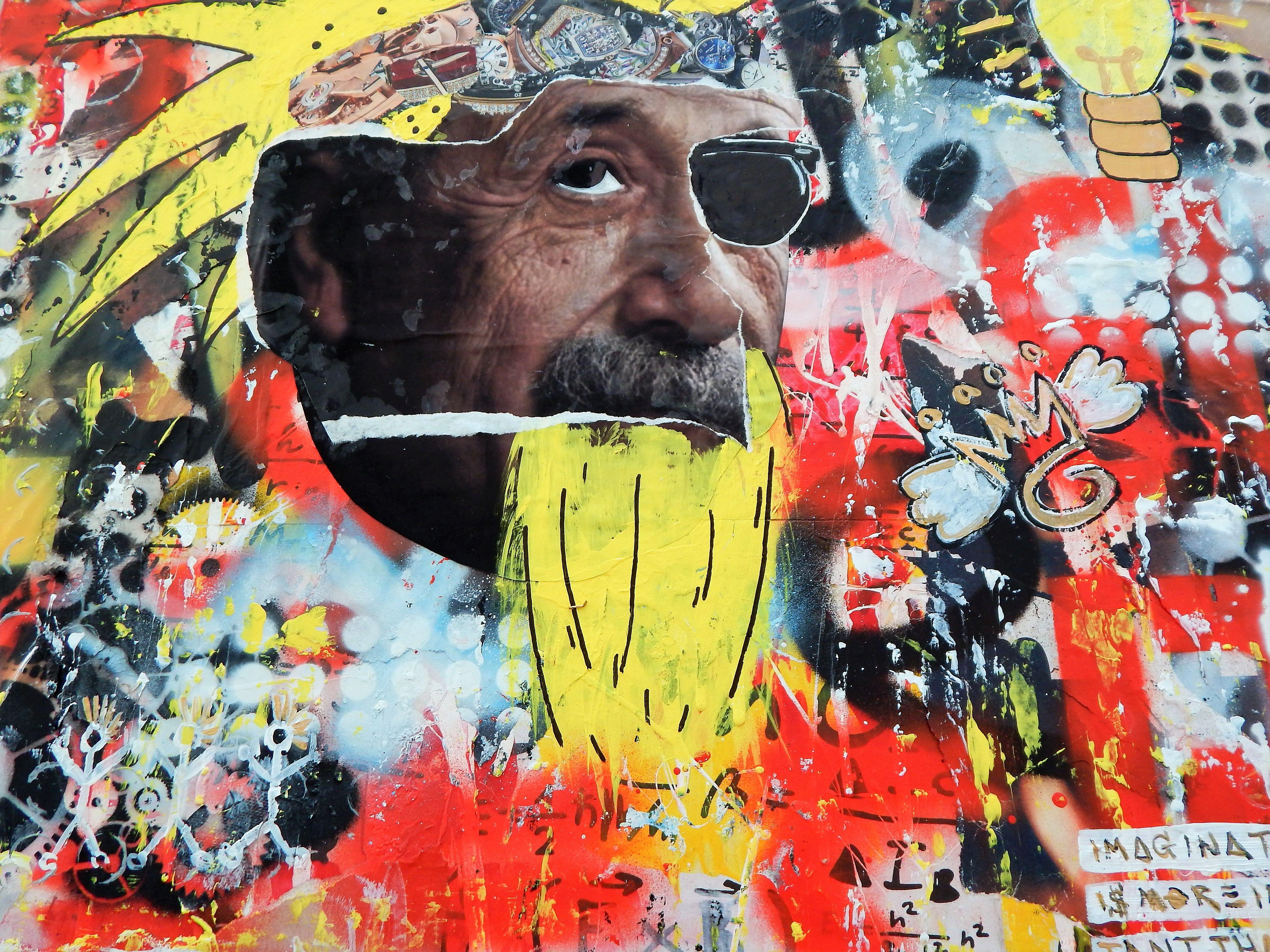 Multi layer image of Albert Einstein with base layer representing the crazy, out of the box thinker and the top layer, the plain black and white personality.  Collage materials including street posters from Wynwood Miami, acrylics, spray paints on