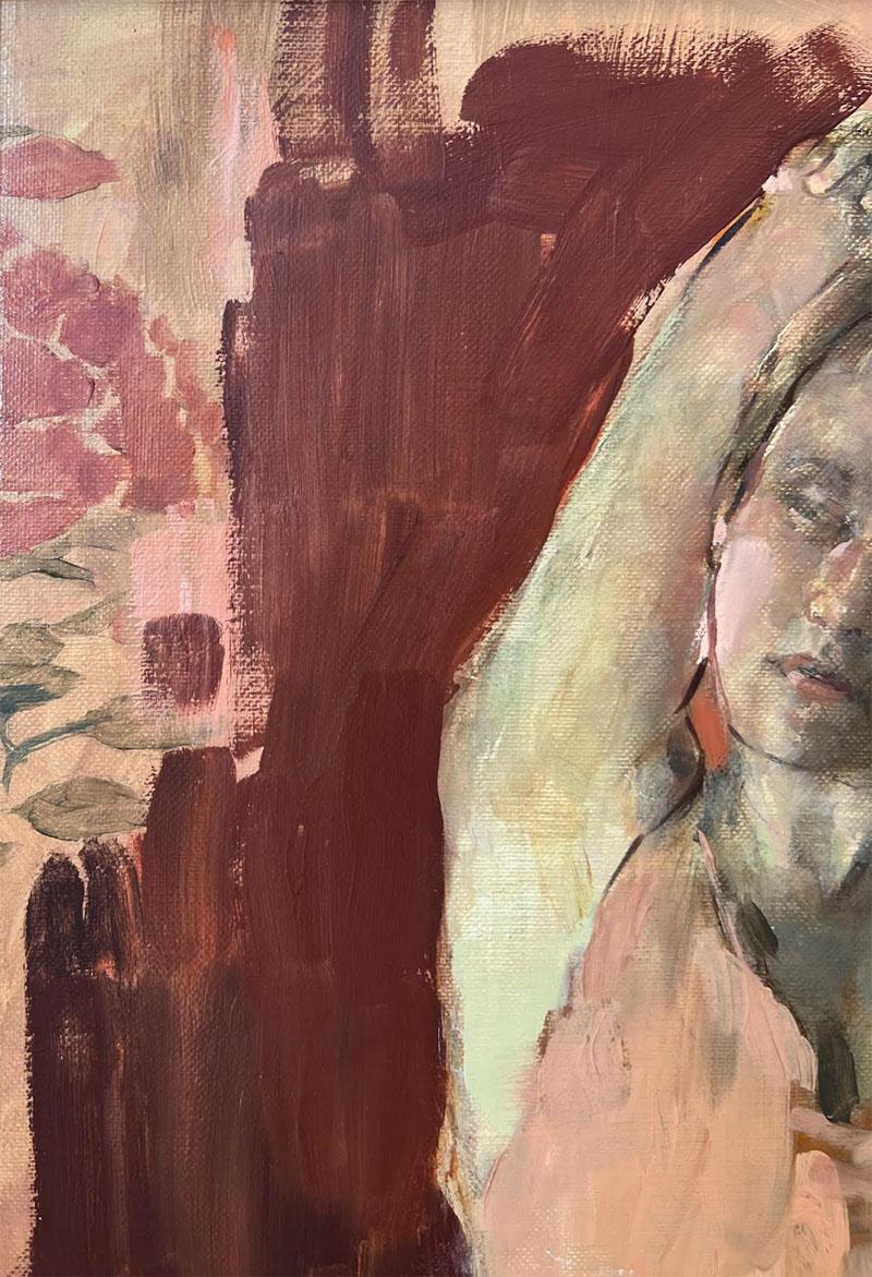 Armlehnen über Kopf (Braun), Figurative Painting, von Greg Calibey