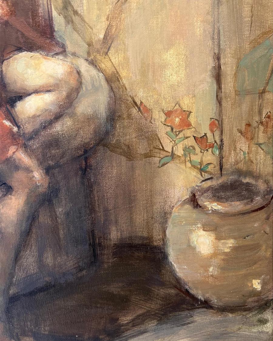 Seated Figure With Vase And Screen - Contemporary Painting by Greg Calibey
