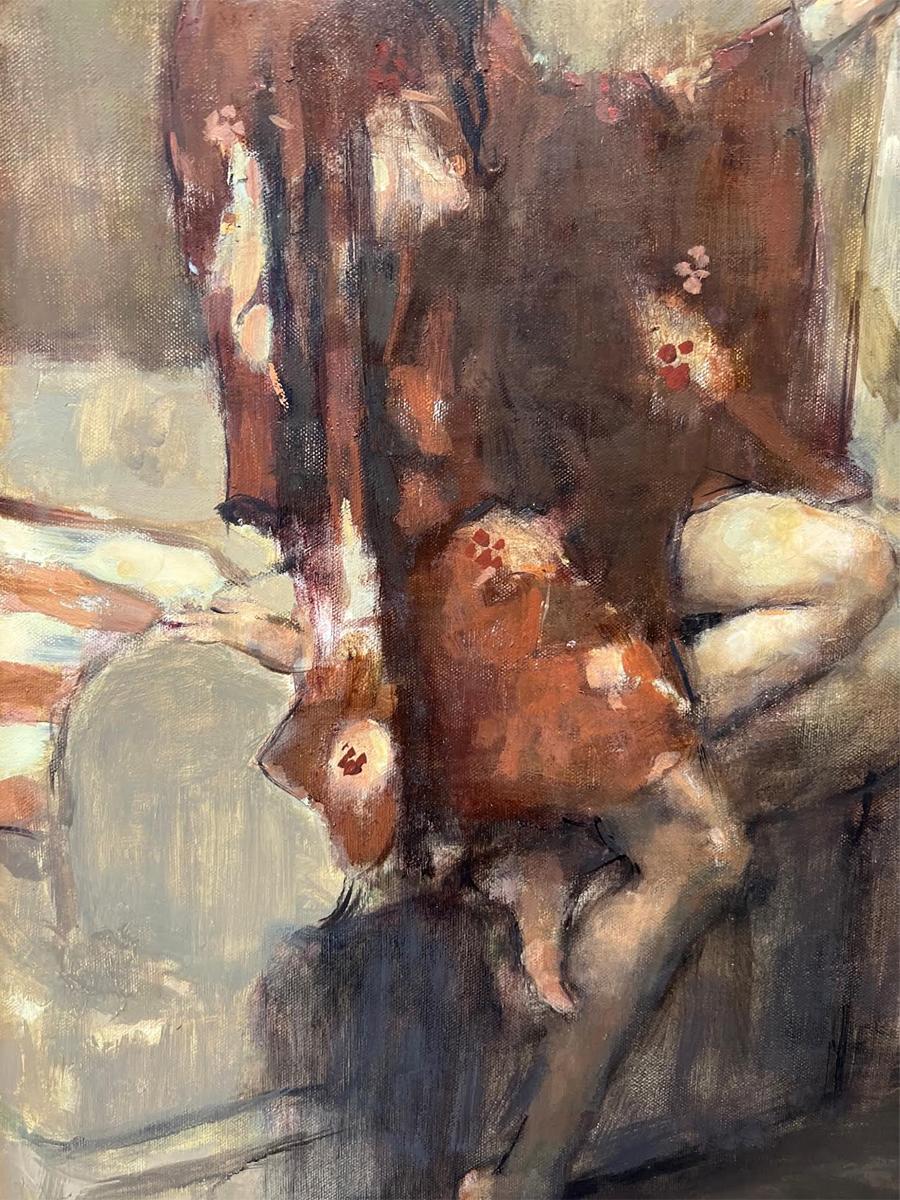 Seated Figure With Vase And Screen - Brown Figurative Painting by Greg Calibey