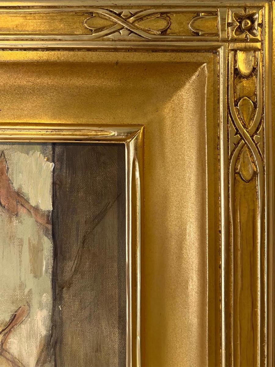 Seated Figure With Vase and Screen has a Neo Classical feel.  Framed is a stunning hand carved gold leaf frame, It measures 39