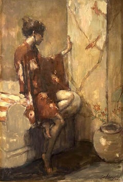 Figure assise avec vase et paravent
