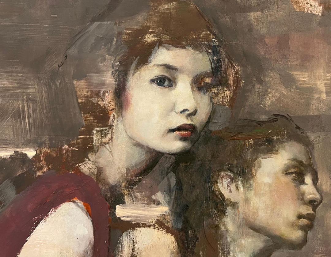 Visages - Marron Figurative Painting par Greg Calibey