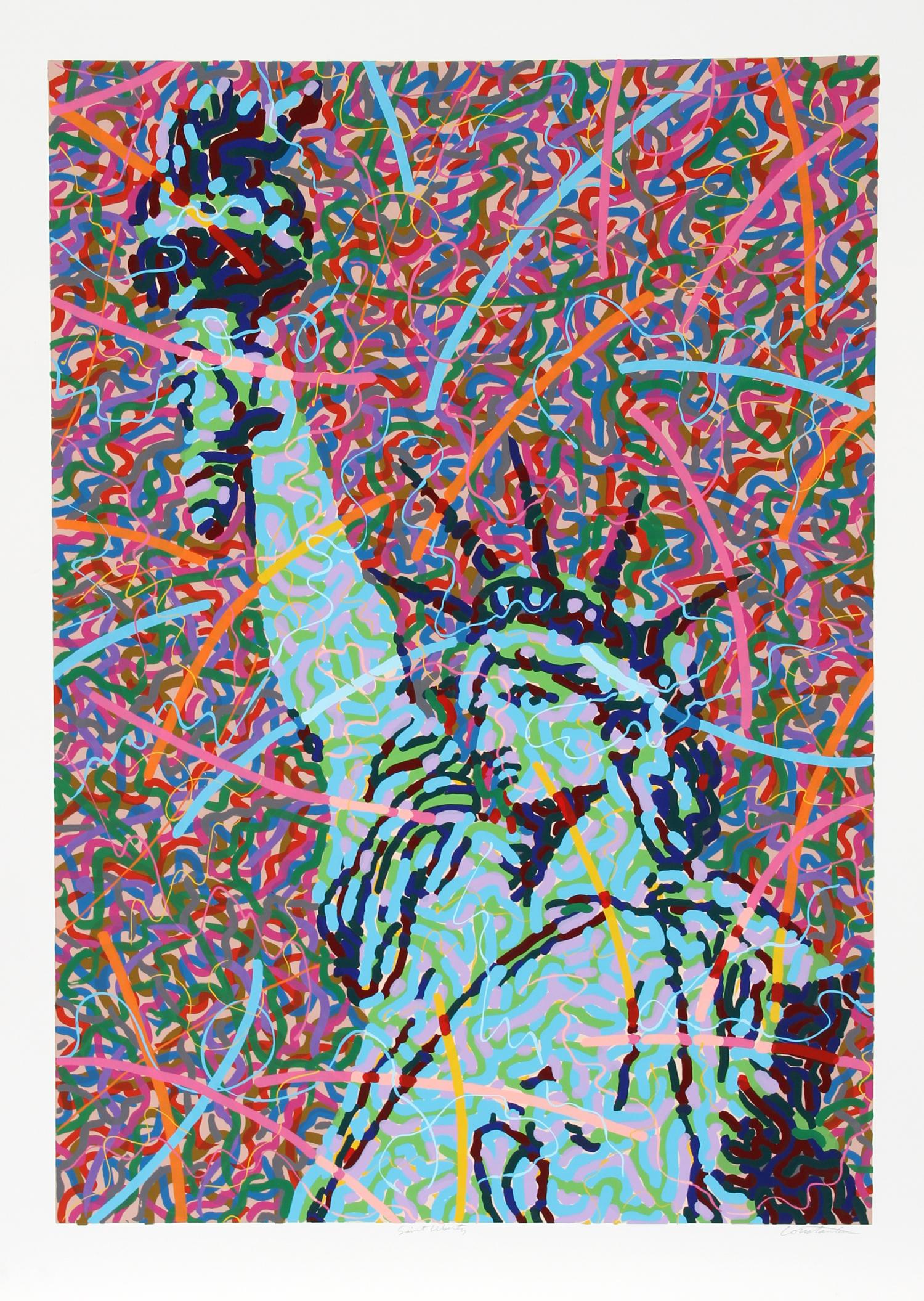 Artistics : Greg Constantine, Américain (1938 -  )
Portefeuille : Collectional S
Titre : Saint Liberty
Année :  1986
Support : Sérigraphie, signée et numérotée au crayon 
Édition : 500
Taille du papier : 42 x 30 pouces 