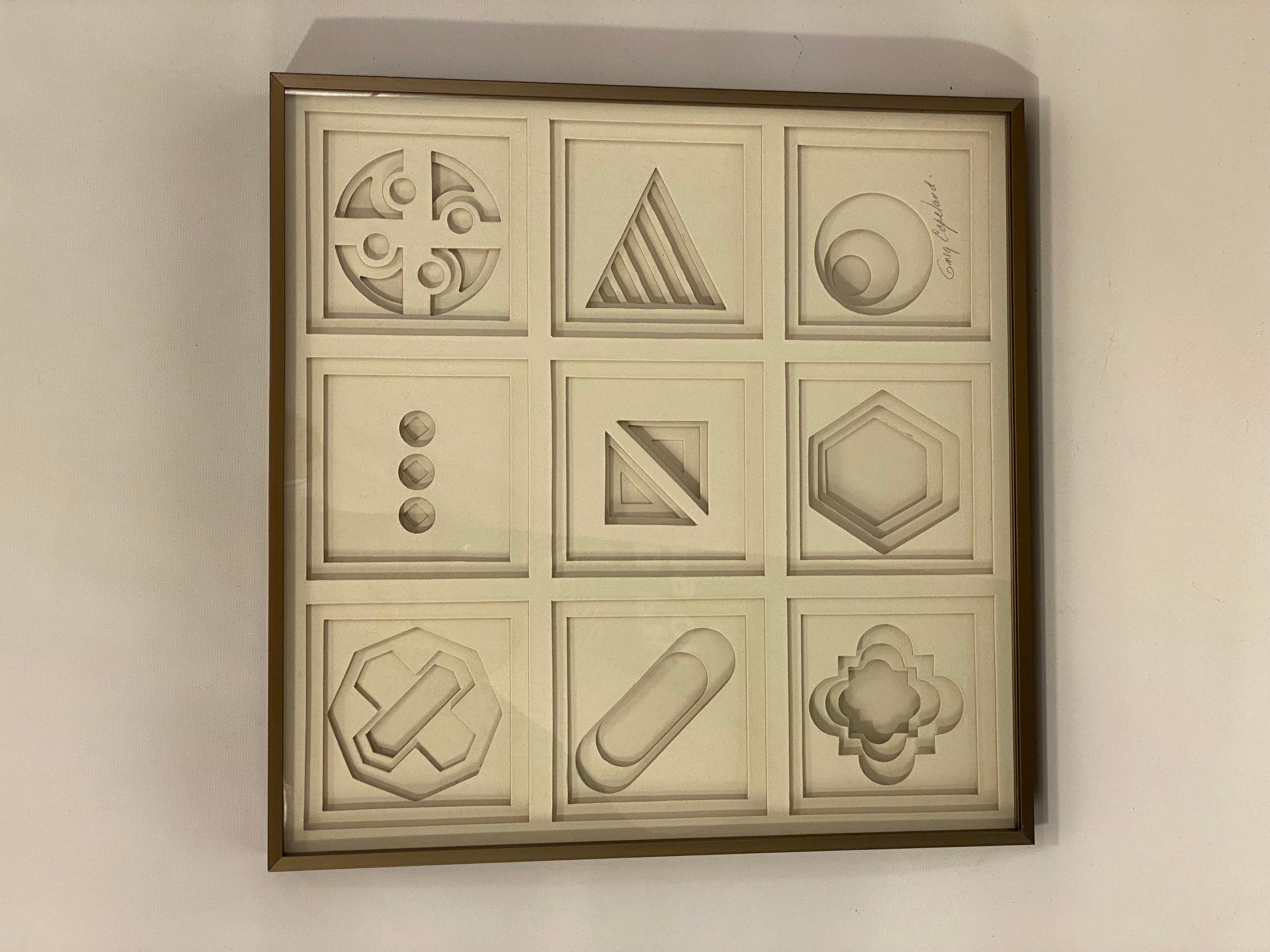 Signed Greg Copeland wall mounted 3D Op Art matte board sculpture. Just an amazing piece of geometric art produced by cutting and layering multiple pieces of white matte board. Signed in pencil lower right, Greg Copeland and signed and dated on the