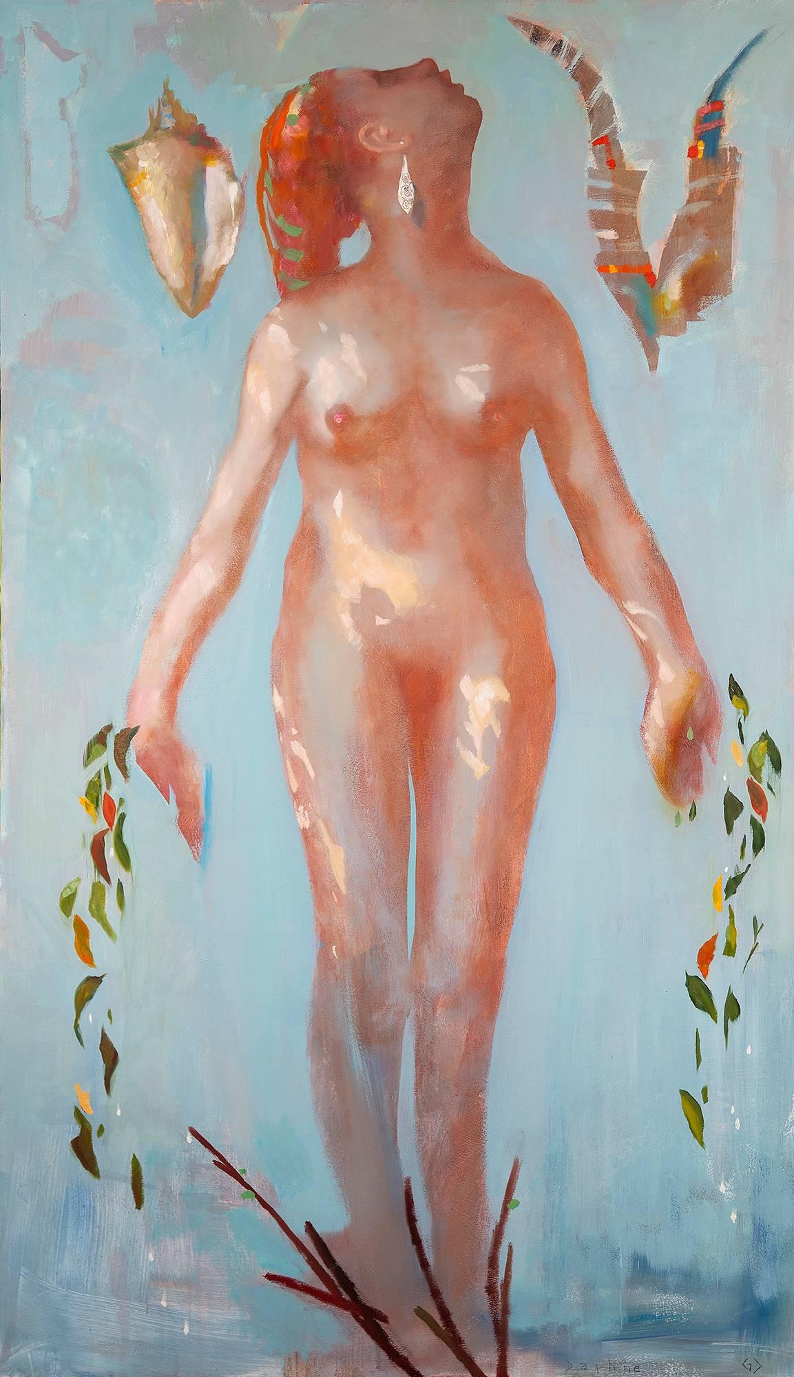 Greg Decker Nude Painting - Daphne (Symbolist Style Figurative Painting of Nude Woman & Shell on Light Blue)