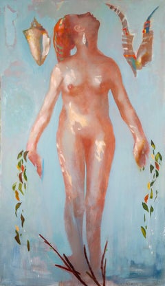 Daphne (Symbolist Style Figurative Painting of Nude Woman & Shell on Light Blue)