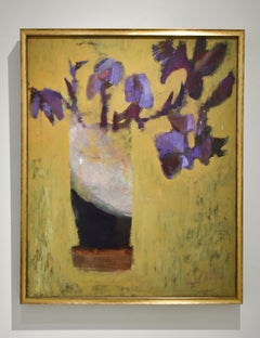 Irises: Abstract Still Life Painting of Purple Flowers on Dark Yellow Background