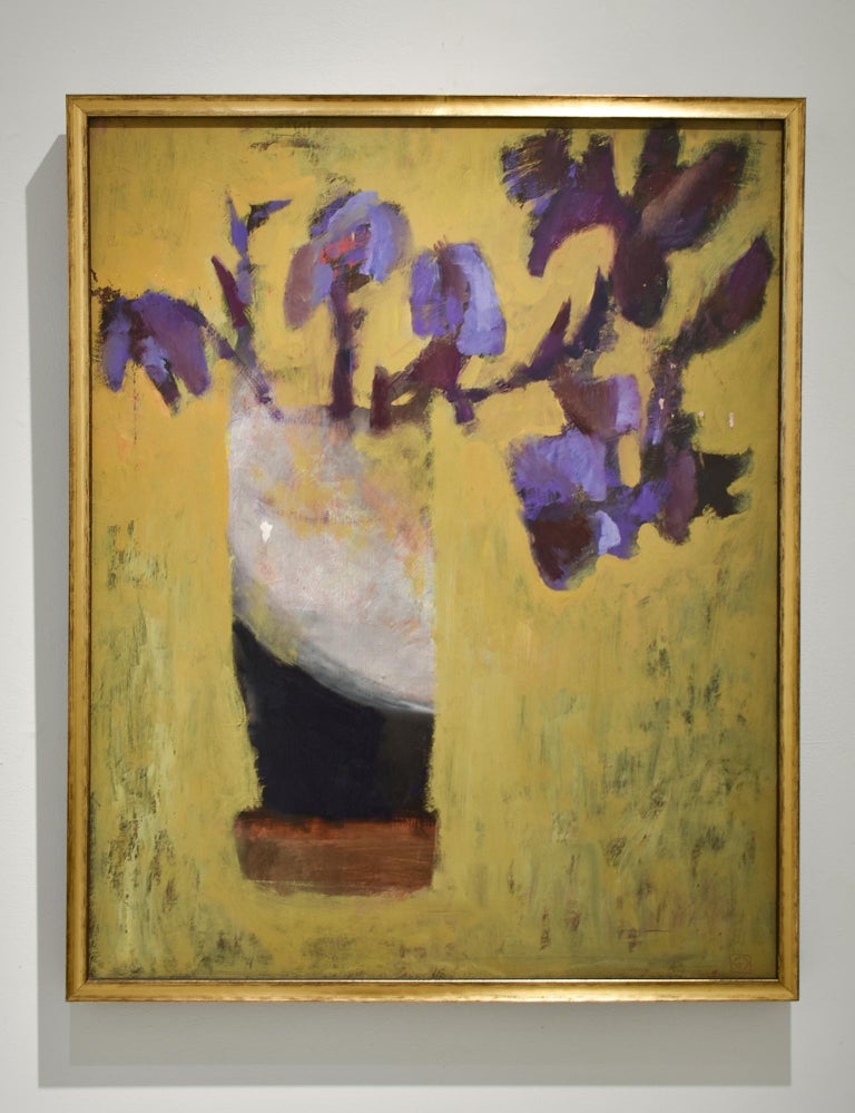 Greg Decker Irises Abstract Still Life Painting Of Purple Flowers On Dark Yellow Background For Sale At 1stdibs