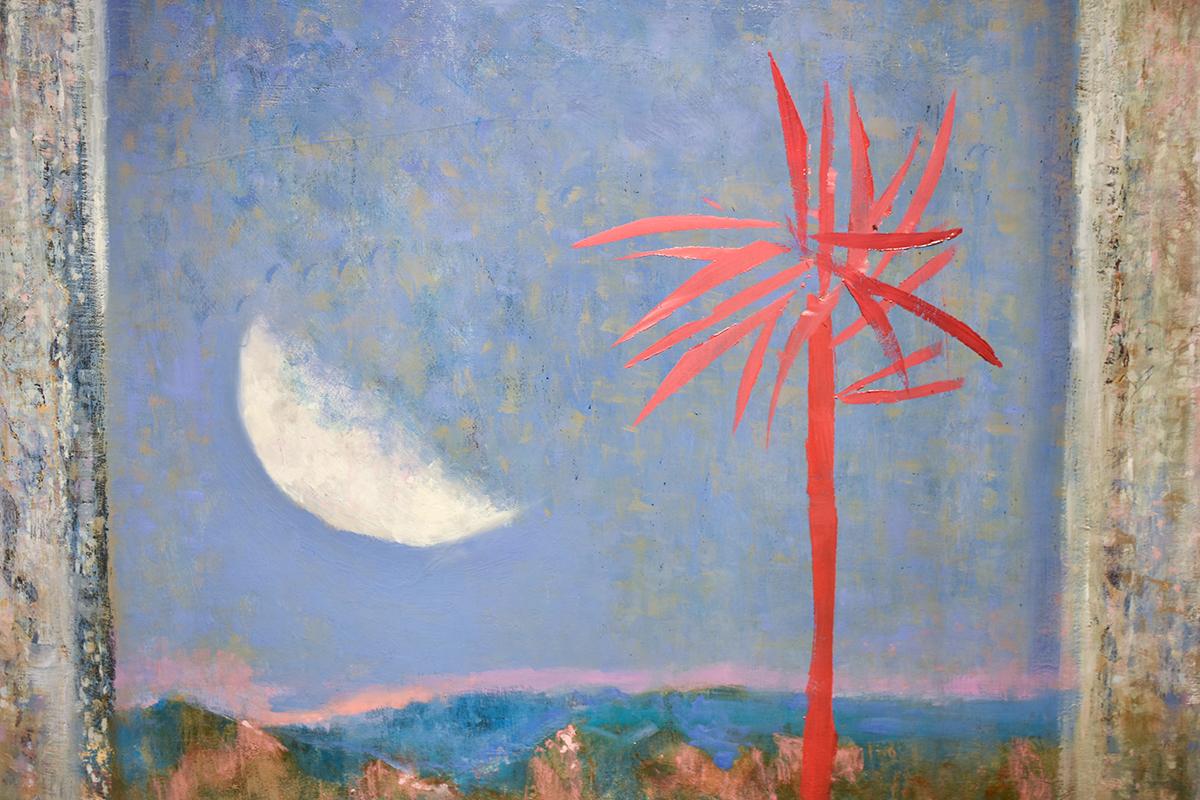 Abstract landscape painting of a red-fuchsia colored tree against a periwinkle blue sky with a large white moon
Oil on panel in a pale gold Larson Juhl wood veneer frame 
28.5 x 43 inches framed
Artist's signature is located on the back
Sturdy wire