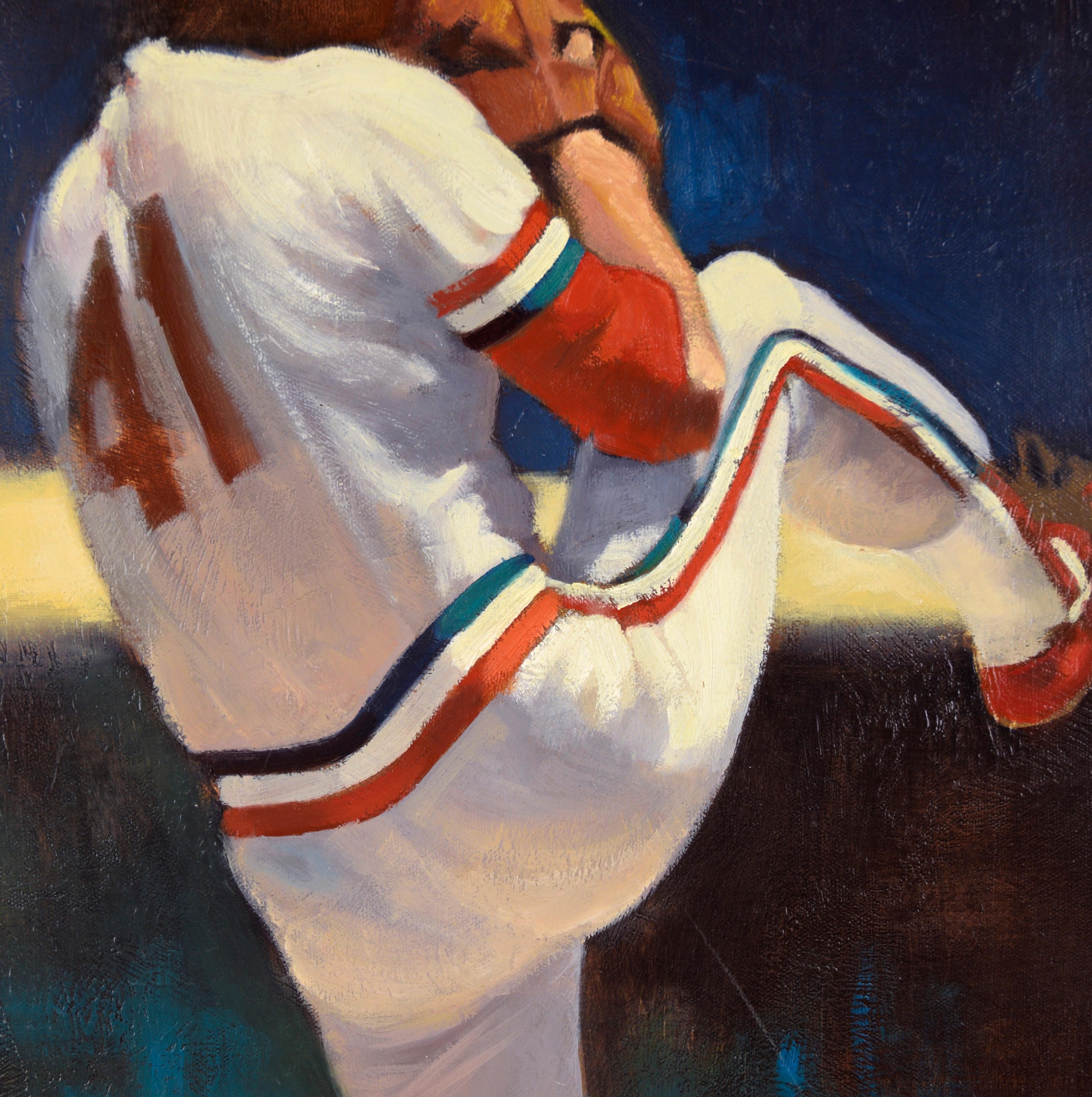Joe Magrane Pitching for the St Louis Cardinals - Figurative Sports Painting

Action-packed illustration of left-handed pitcher Joe Magrane by Greg Demeduc (American, 1948-1998). Magrane is winding up for a pitch, leg in the air, ball hidden in his