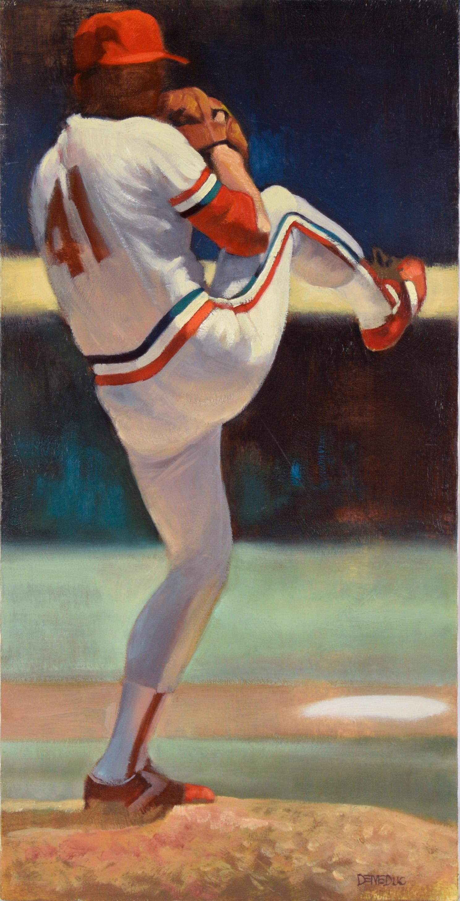 Greg Demeduc Figurative Painting – Joe Magrane Pitching for the St Louis Cardinals - Figurative Sports Painting