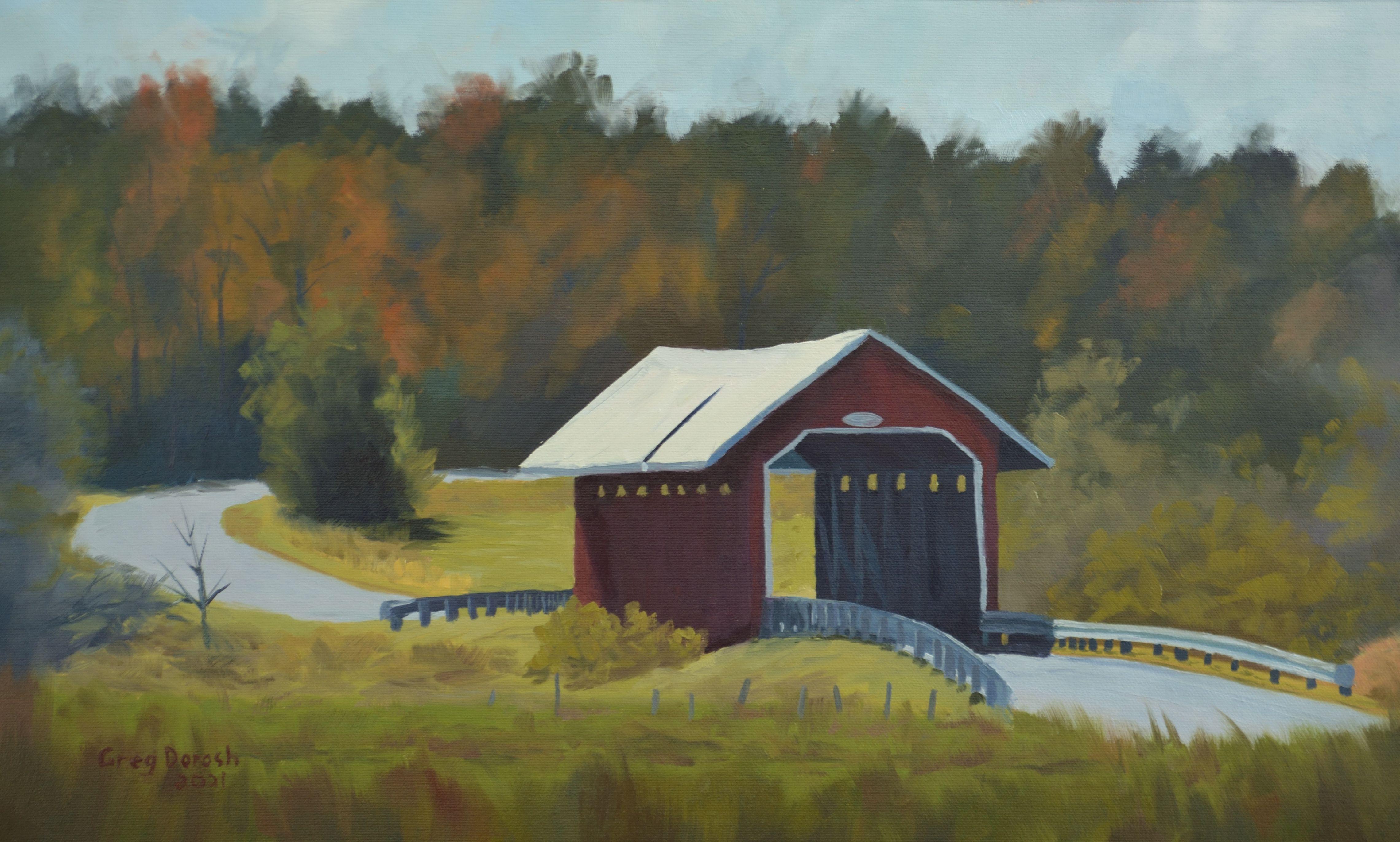 Peinture, huile sur toile, pont couvert de Guthrie - Painting de Greg Dorosh