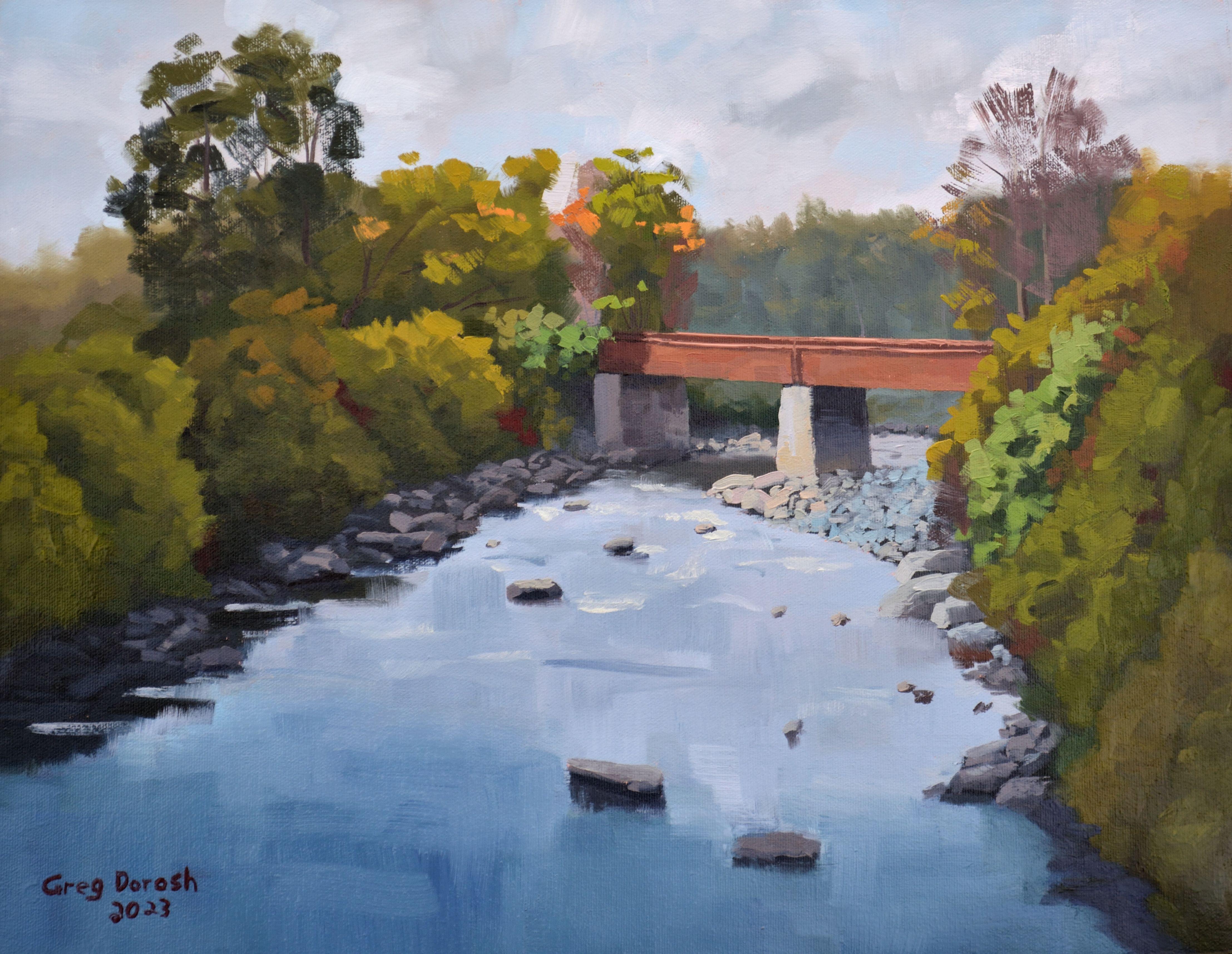 Pont ferroviaire de Scotstown, peinture, huile sur toile - Painting de Greg Dorosh