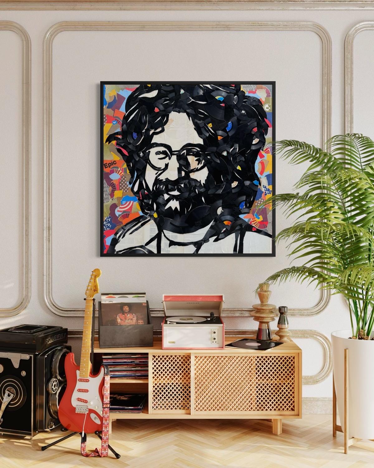 Jerry García, Grateful Dead, obra de técnica mixta, enmarcada, 48 x 48 pulgadas