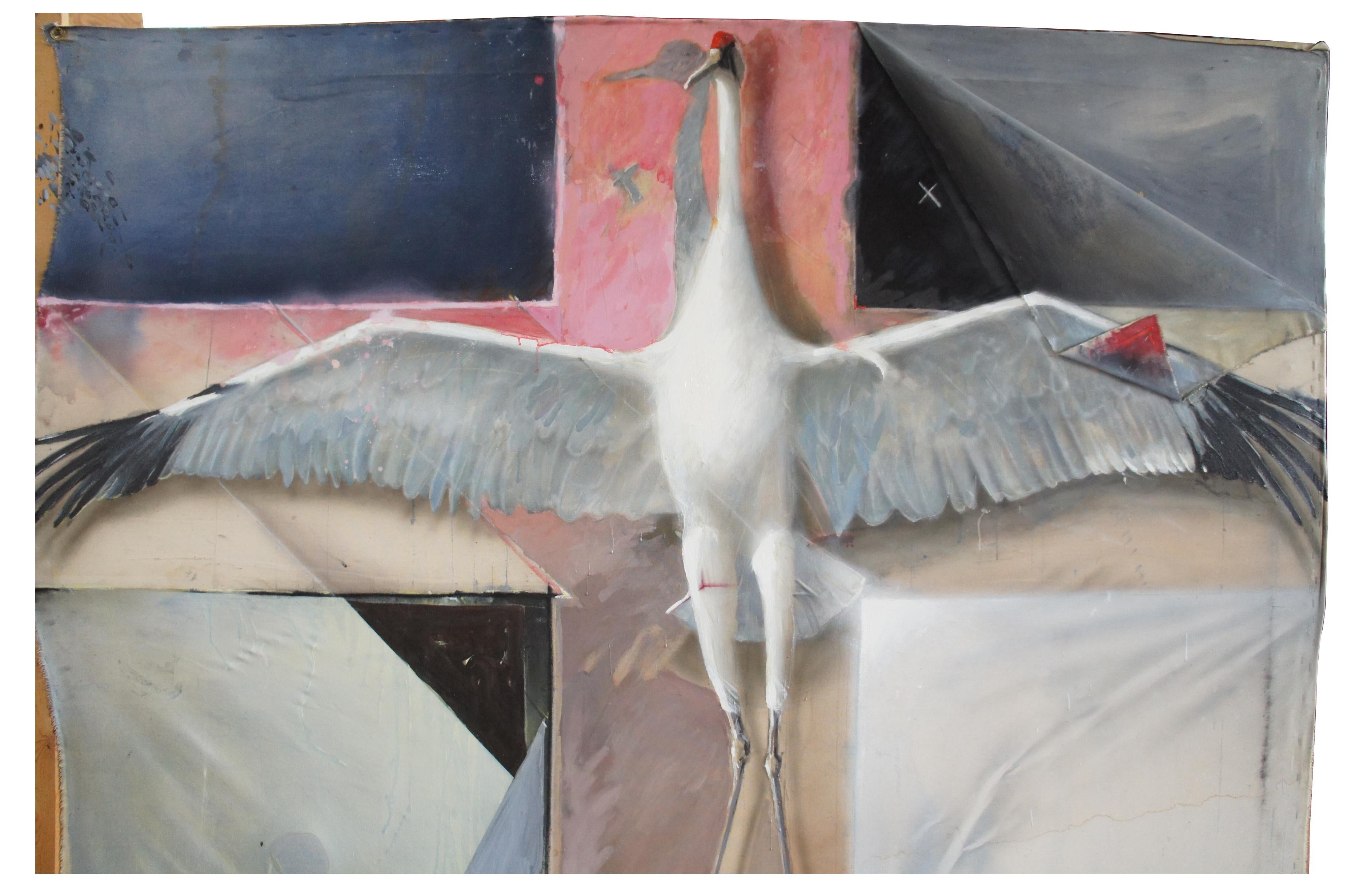 Greg Glazier Mixed-Media Oil on Canvas Painting Crucified Sandhill Crane Stork In Good Condition For Sale In Dayton, OH