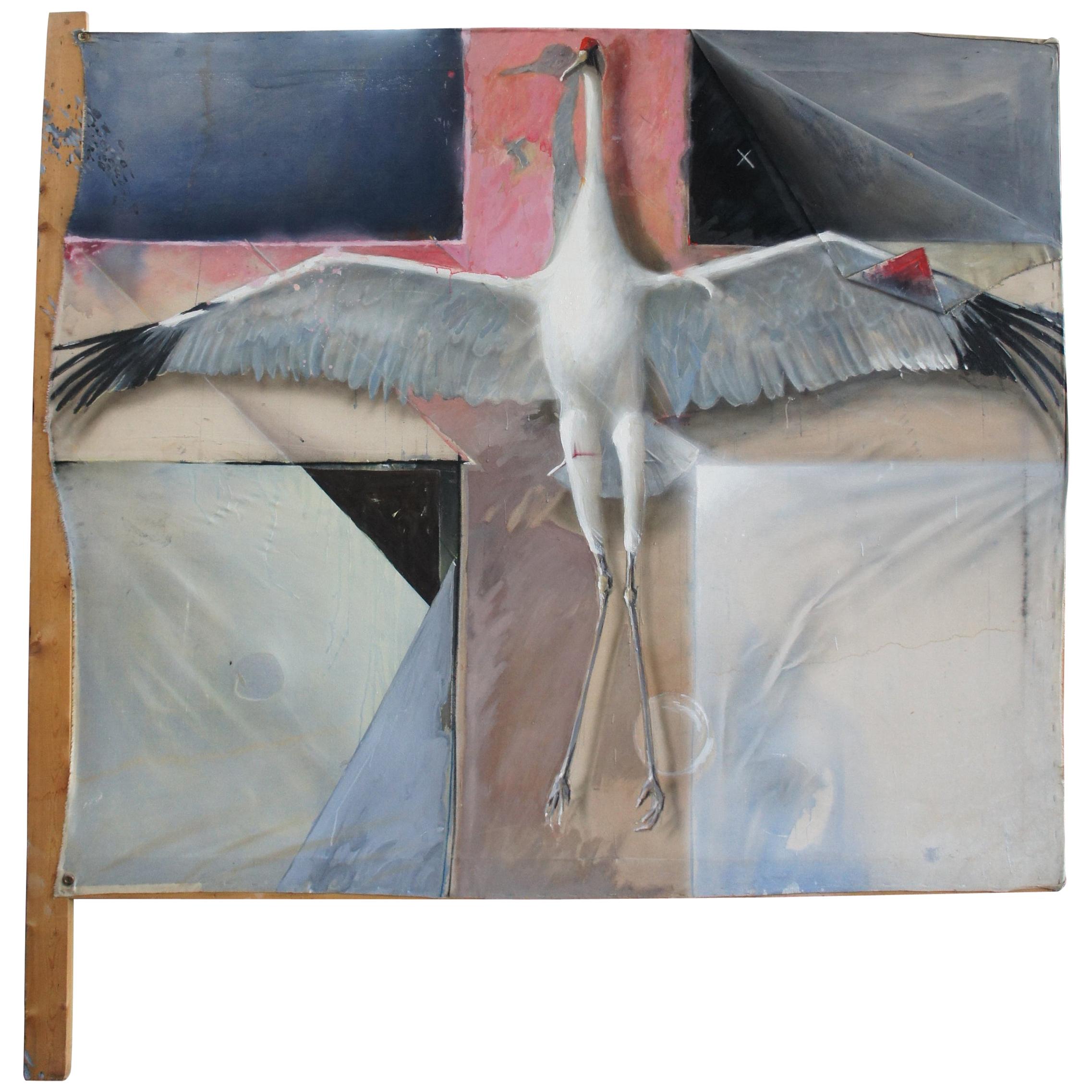 Greg Glazier Mixed-Media Oil on Canvas Painting Crucified Sandhill Crane Stork