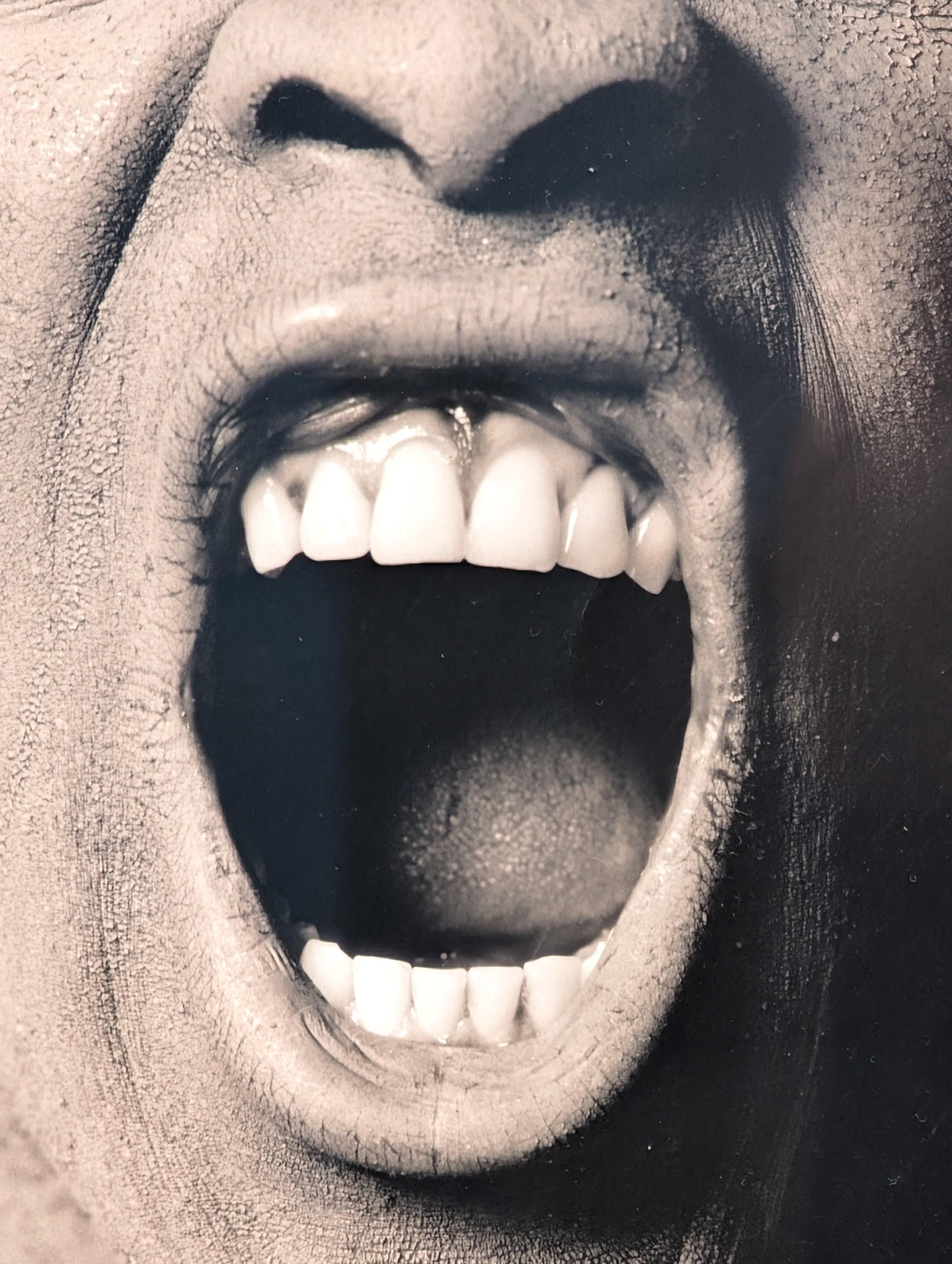 Portrait contemporain en noir et blanc de l'acteur et mannequin Djimon Hounsou, réalisé par le célèbre photographe Greg Gorman. L'œuvre présente un gros plan direct de Hounsou hurlant de manière expressive face à la caméra, dans le style noir et