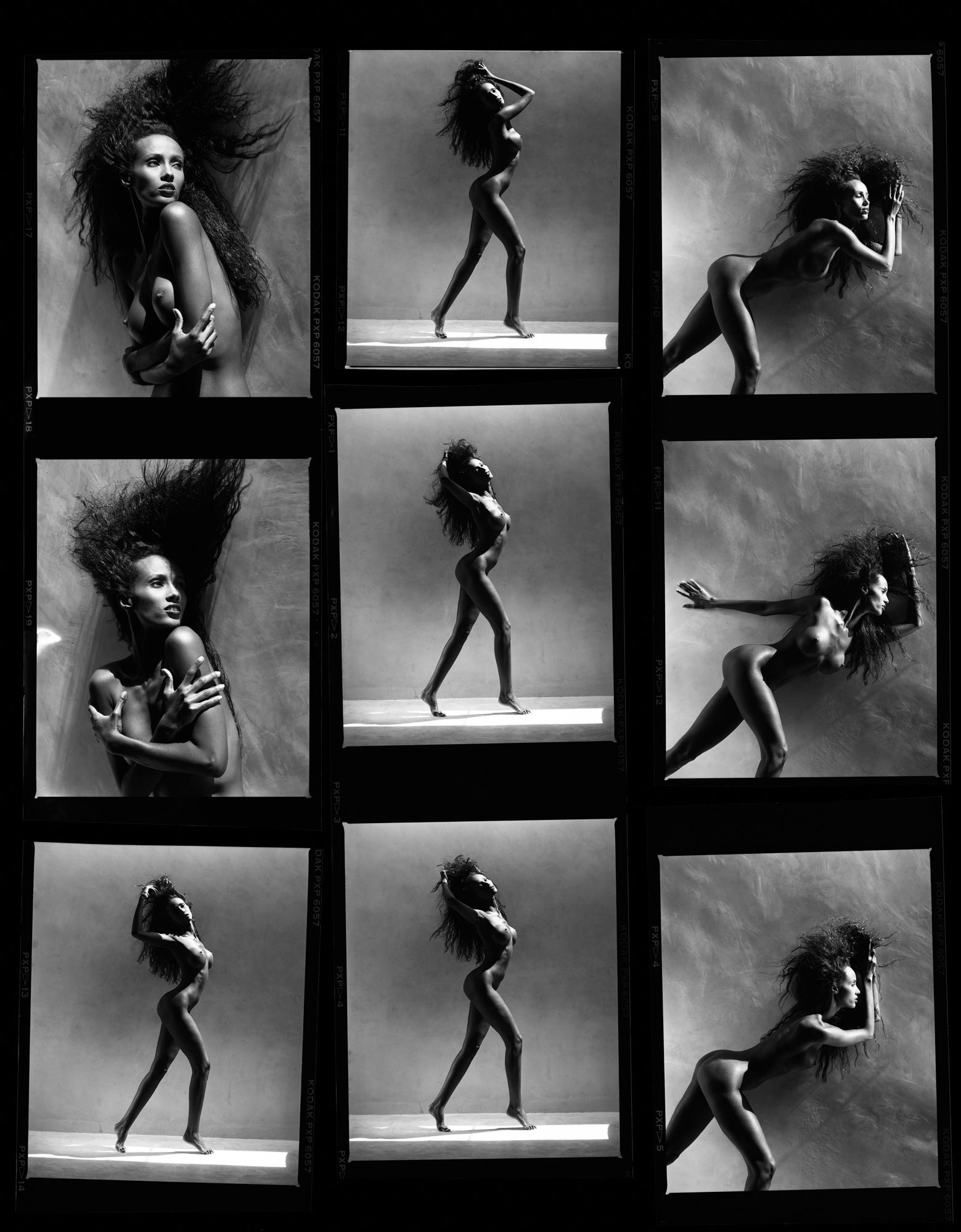 Greg Gorman Black and White Photograph – Iman Kontaktblatt, 21. Jahrhundert, Zeitgenössisch, Celebrity, Fotografie