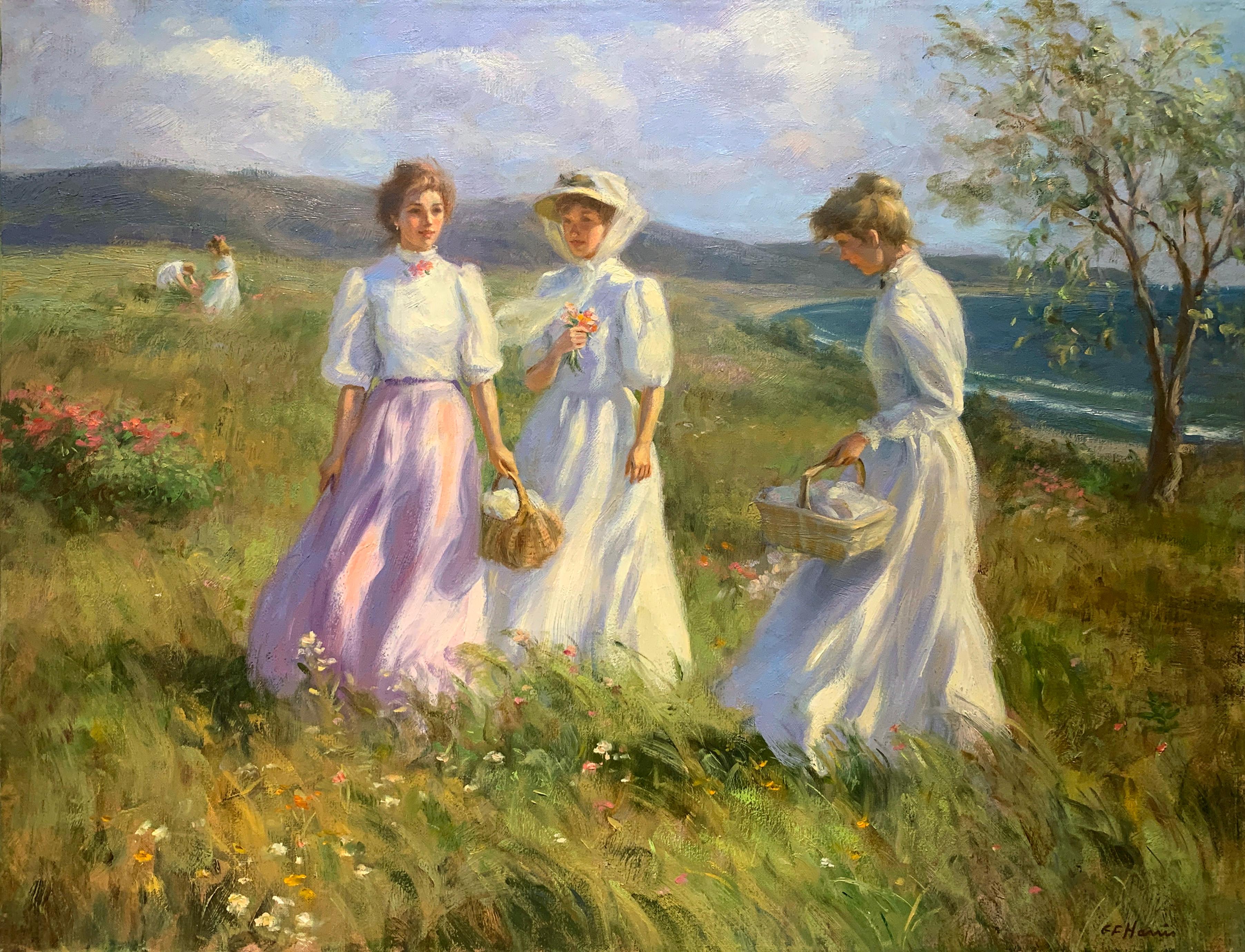 "A Hillside Picnic" von Greg Harris ist ein perfektes Beispiel für seine begehrtesten Gemälde. Dieses Gemälde im Format 24 x 30 cm zeigt drei Frauen in Weiß und Rosa, die in grünen Feldern am tiefblauen Meer spazieren gehen. 
Greg Harris zeigt sich