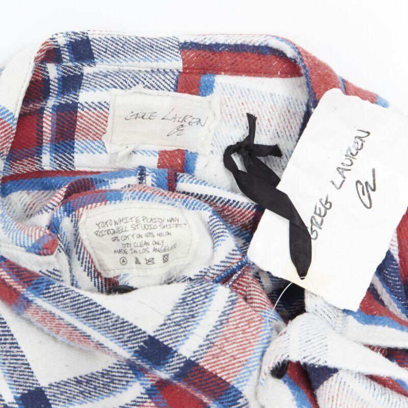 GREG LAUREN 50/50 White Plaid Navy Birdwell Studio Shirt deconstructed top S 6