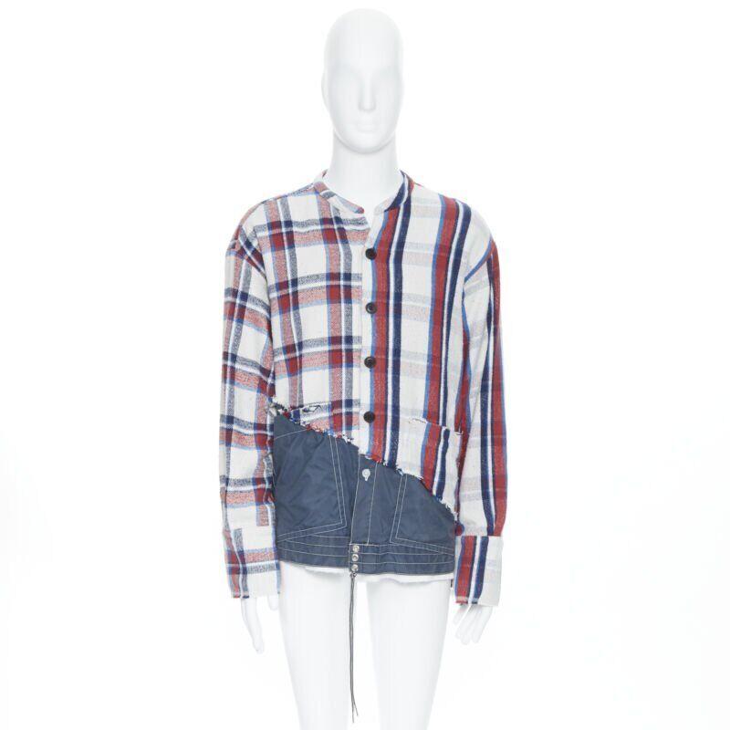 Gray GREG LAUREN 50/50 White Plaid Navy Birdwell Studio Shirt deconstructed top S