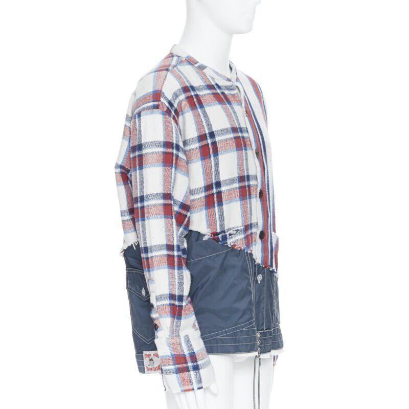 GREG LAUREN 50/50 White Plaid Navy Birdwell Studio Shirt deconstructed top S In New Condition In Hong Kong, NT