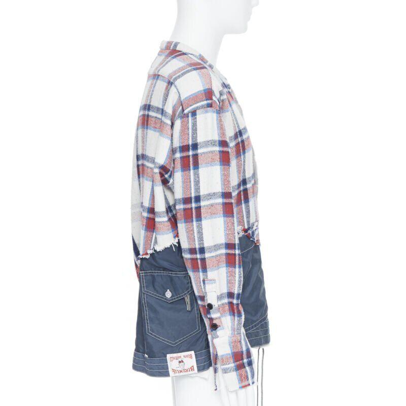 Women's GREG LAUREN 50/50 White Plaid Navy Birdwell Studio Shirt deconstructed top S