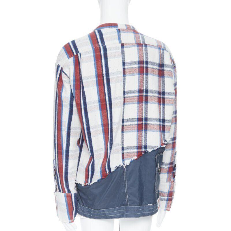 GREG LAUREN 50/50 White Plaid Navy Birdwell Studio Shirt deconstructed top S 1