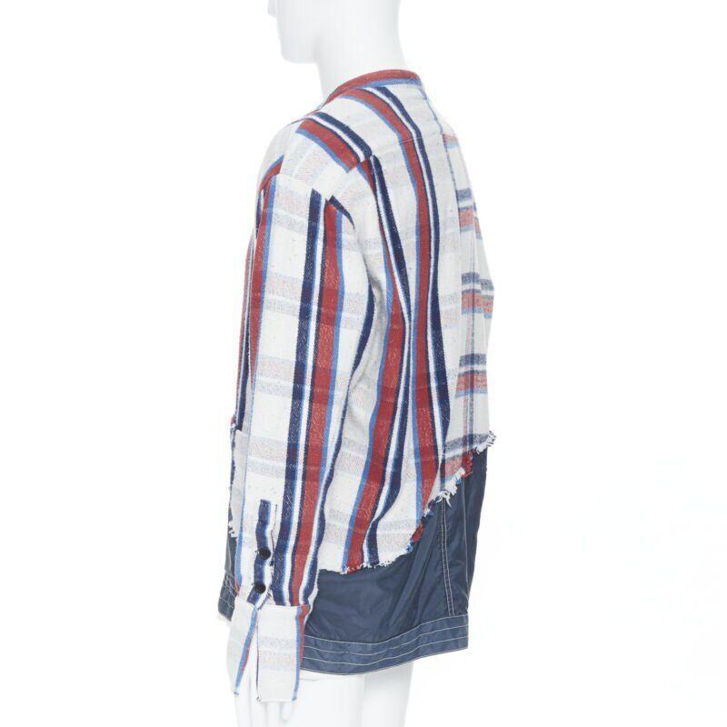 GREG LAUREN 50/50 White Plaid Navy Birdwell Studio Shirt deconstructed top S 2