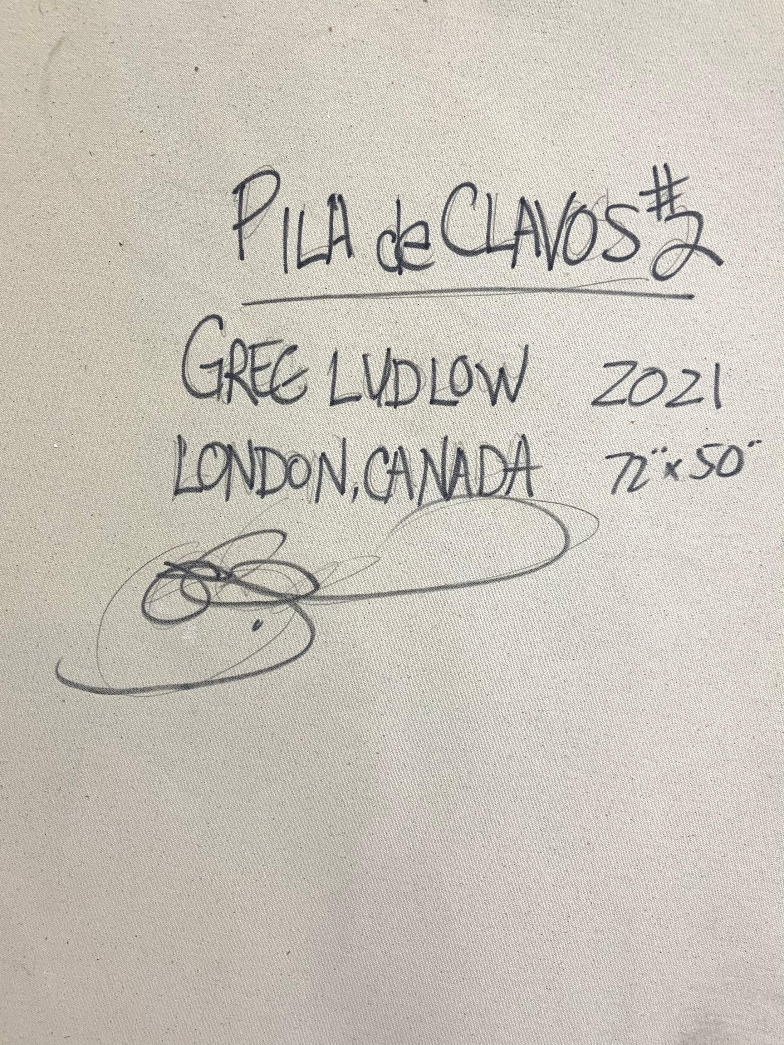 Artist: Greg Ludlow
Title: Pila de Clavos
Medium: Acrylic and Pencil on Canvas
Size: 72 x 50 inches
Year: 2021