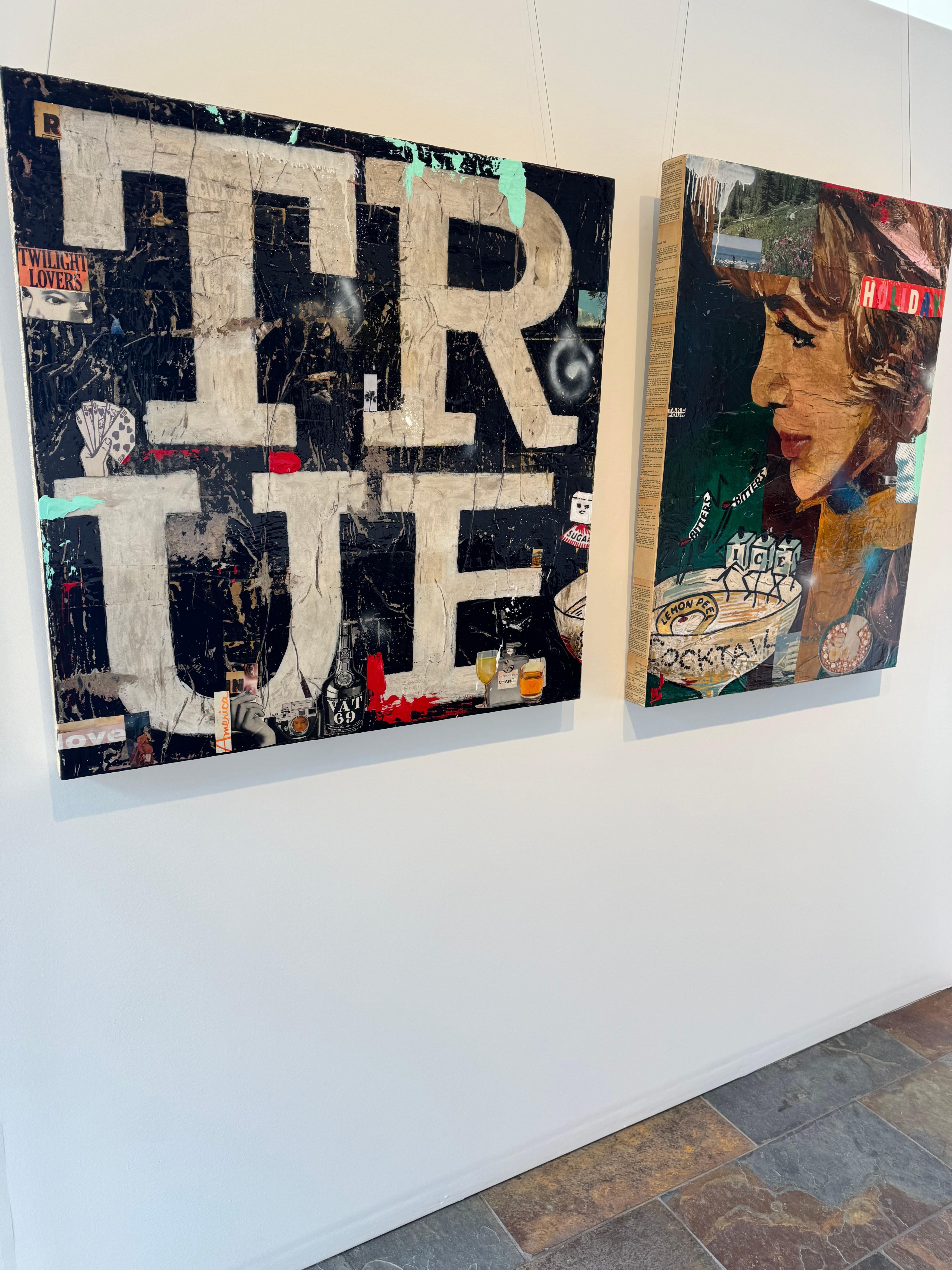 2 Tafeln Mixed Media, Pop-Art-Collage einer Figur mit Getränken_True_Greg Miller im Angebot 1