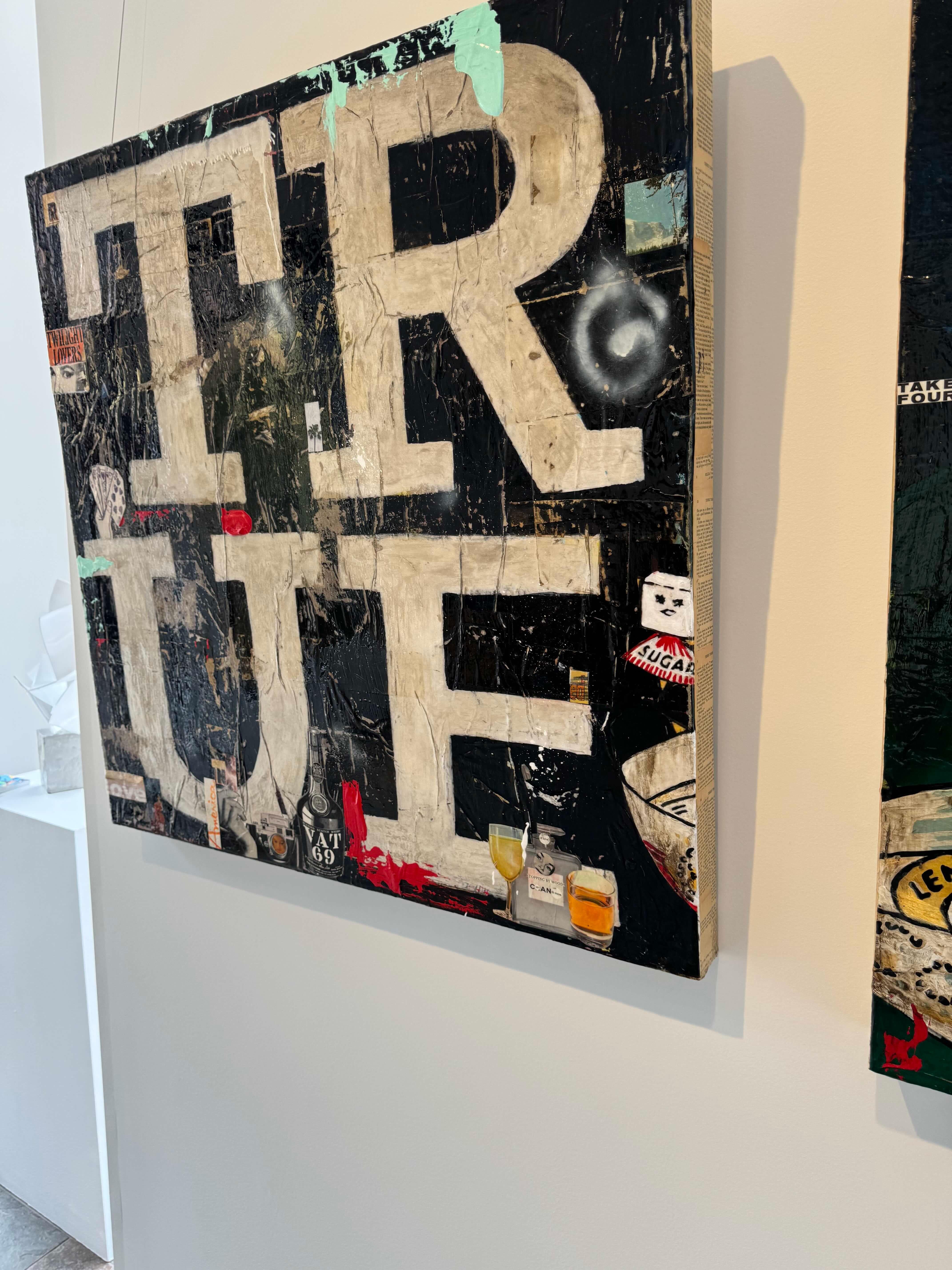 2 Tafeln Mixed Media, Pop-Art-Collage einer Figur mit Getränken_True_Greg Miller im Angebot 5
