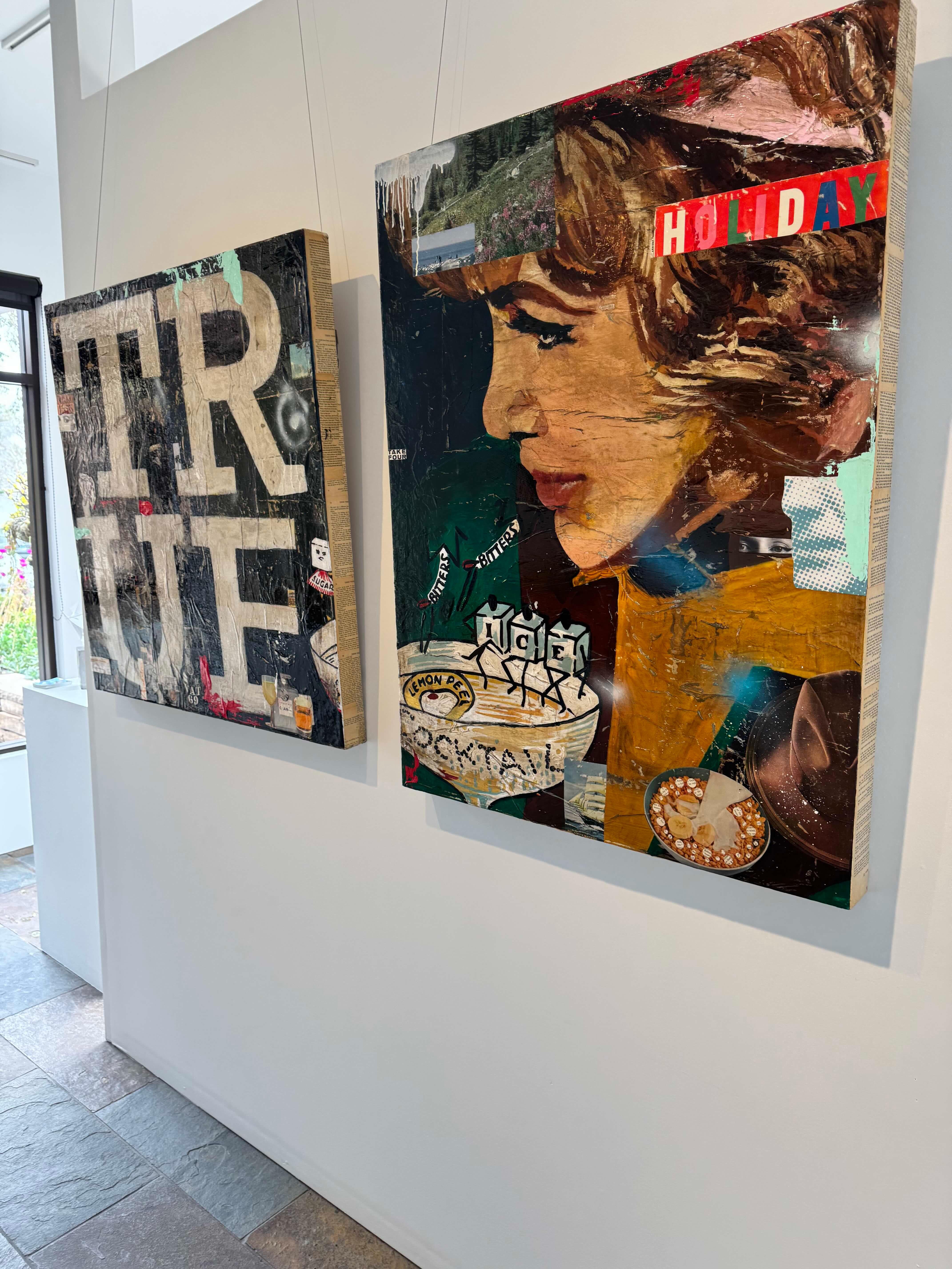 2 Tafeln Mixed Media, Pop-Art-Collage einer Figur mit Getränken_True_Greg Miller im Angebot 6