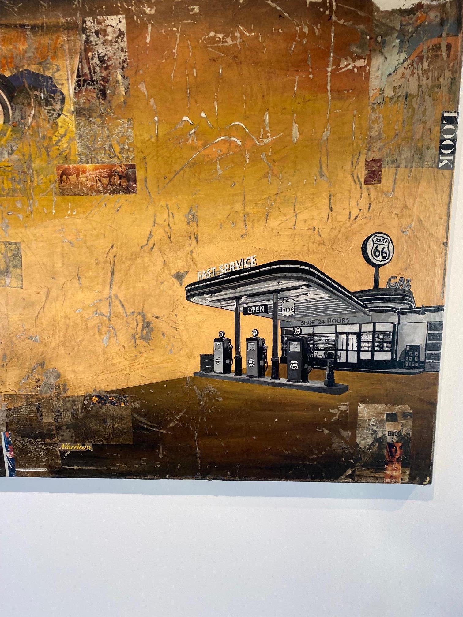 American, 2021_Greg Miller, Acrylic, Collage, Panel_Text/Pop/Route 66/Landscape For Sale 1