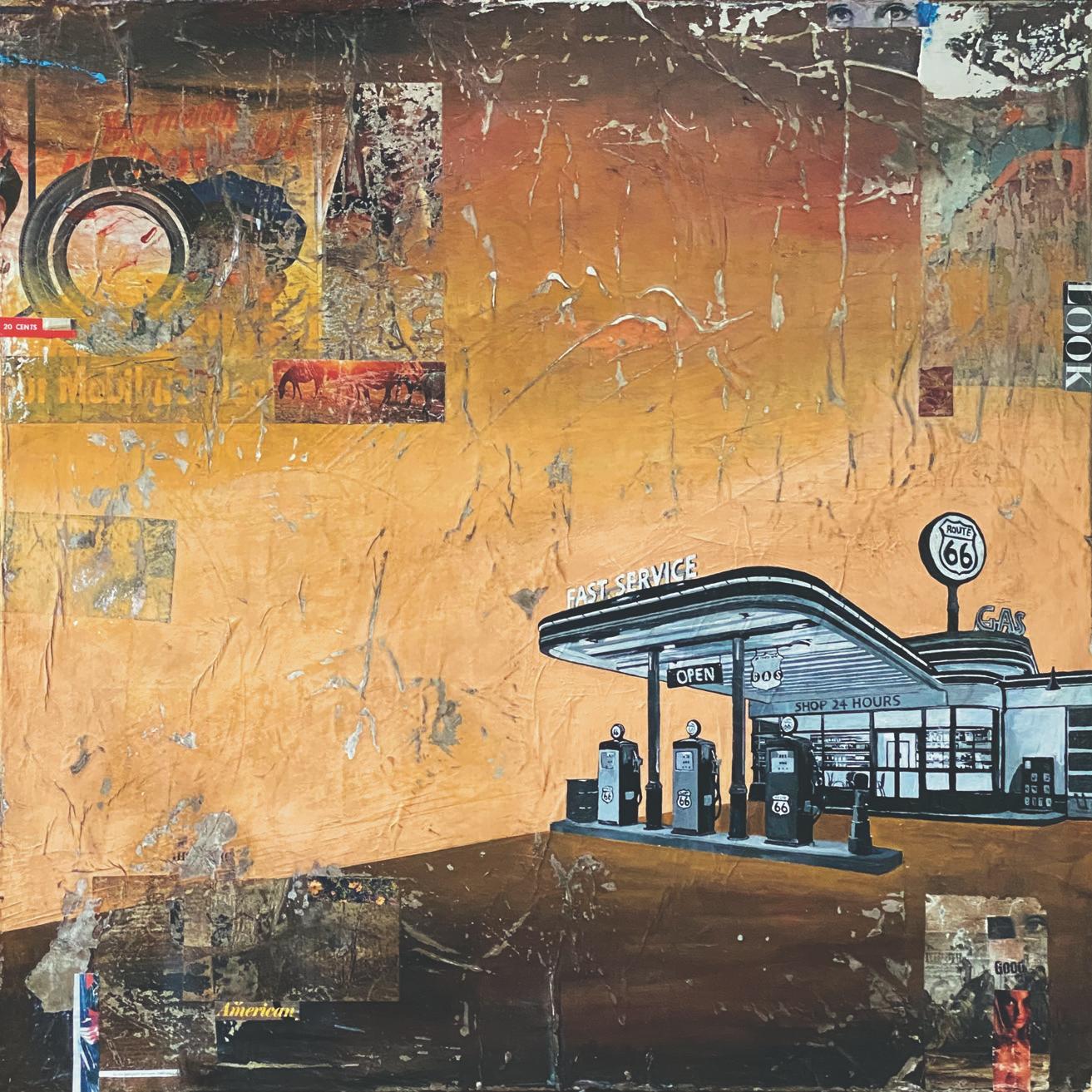 American, 2021_Greg Miller, Acrylic, Collage, Panel_Text/Pop/Route 66/Landscape For Sale 2