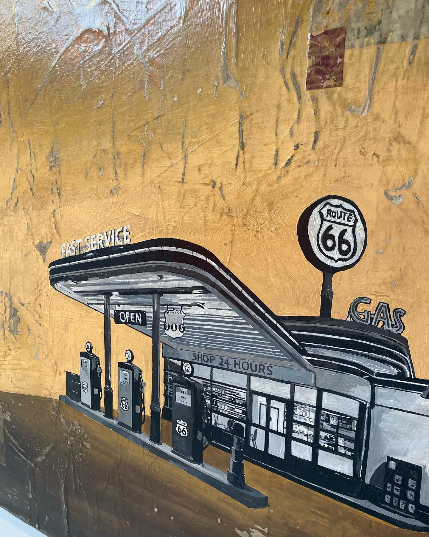 American, 2021_Greg Miller, Acrylic, Collage, Panel_Text/Pop/Route 66/Landscape For Sale 3