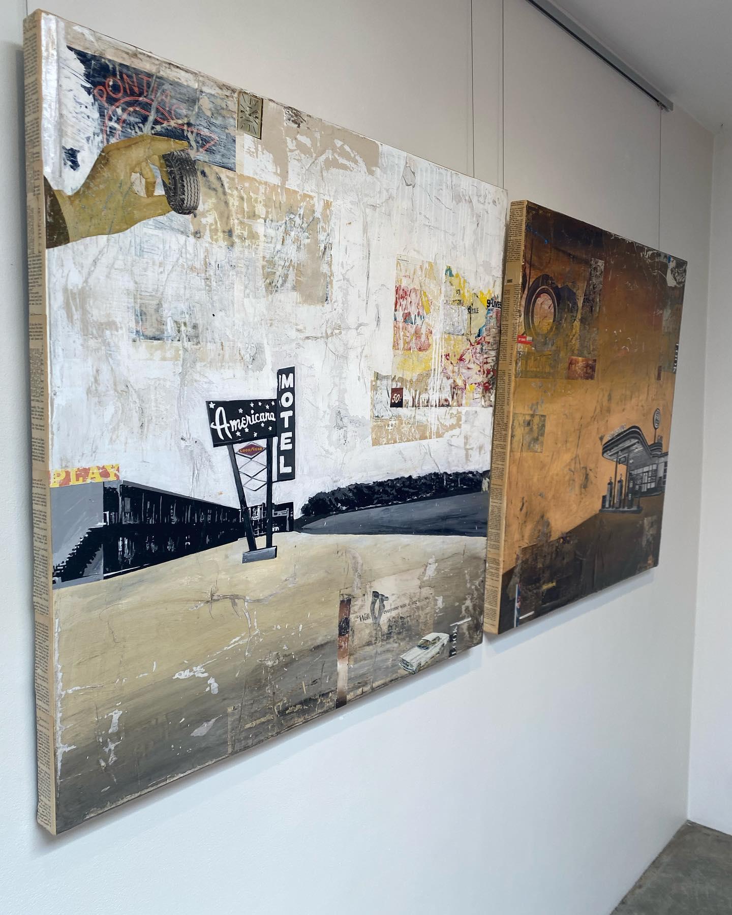 GREG MILLER
American Play Diptych, 2021
Acrylic, Collage on Panel
36 x 36 in. each  36 x 72 in. overall

Drawing from the diverse cultural and geographic makeup of his Californian roots, Greg Miller explores his relationship with the space he