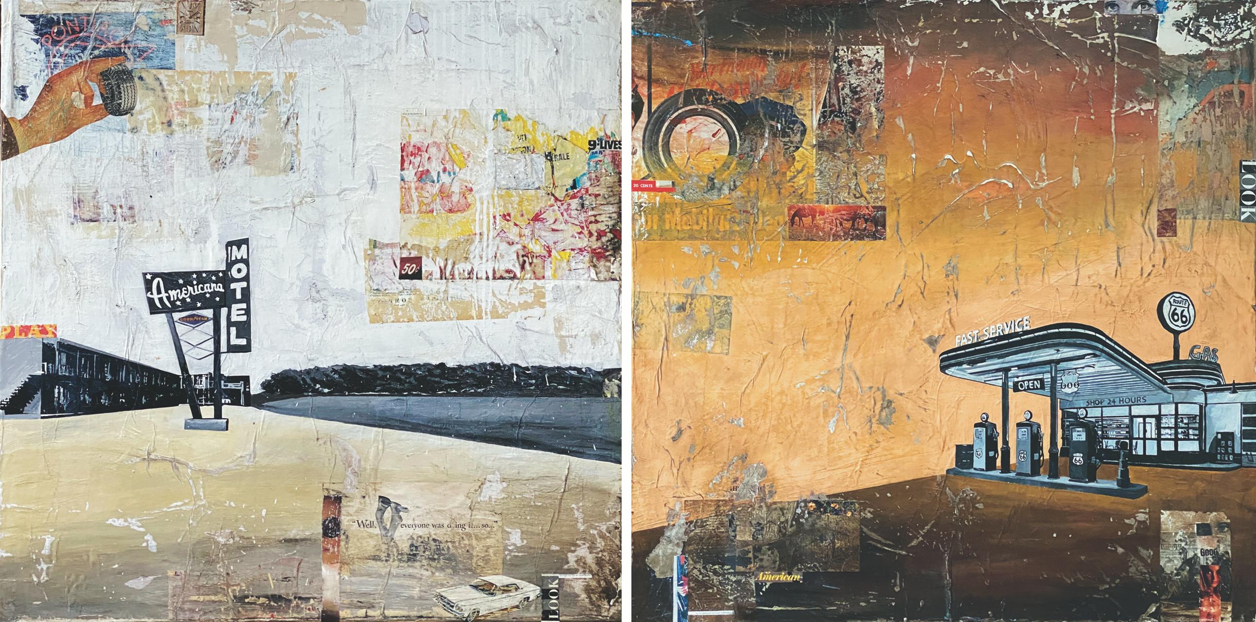 Text/Pop/Route 66_American Play Diptych, 2021_Greg Miller_Acrylic/Collage/Panel