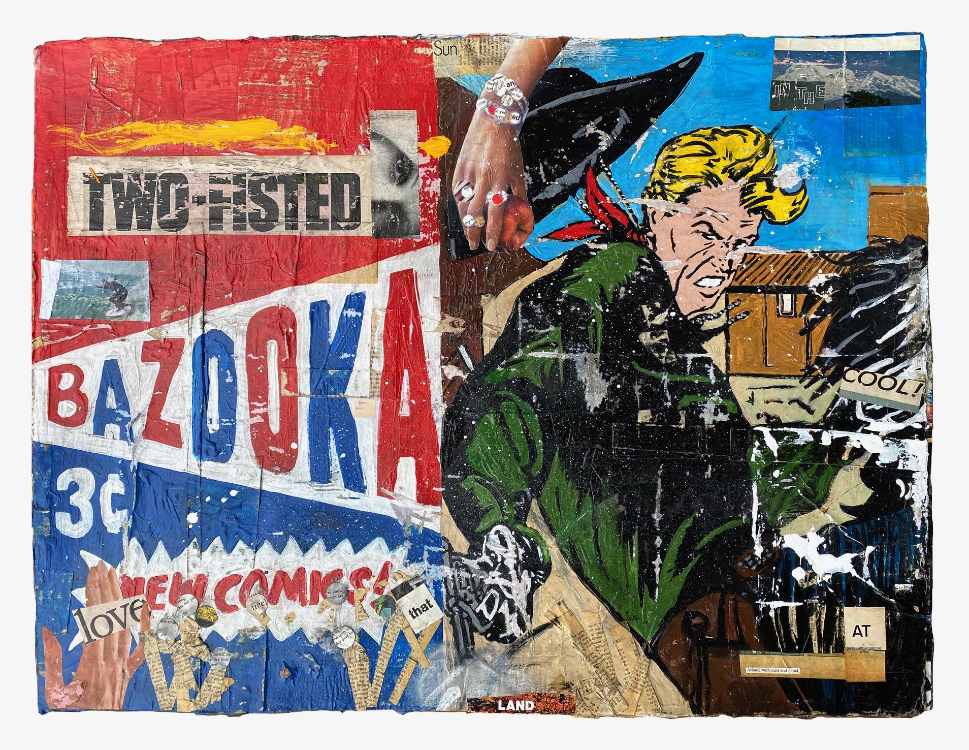 GREG MILLER
"Bazooka"
Acrylic & Collage on Paper
23 x 30 in. Unframed

Drawing from the diverse cultural and geographic makeup of his Californian roots, Greg Miller explores his relationship with the space he inhabits to communicate a particular