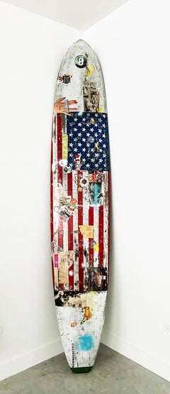 Surfboard_Figurative/Text_Acrylic, Collage, Resin_Greg Miller, Defender, 2023
