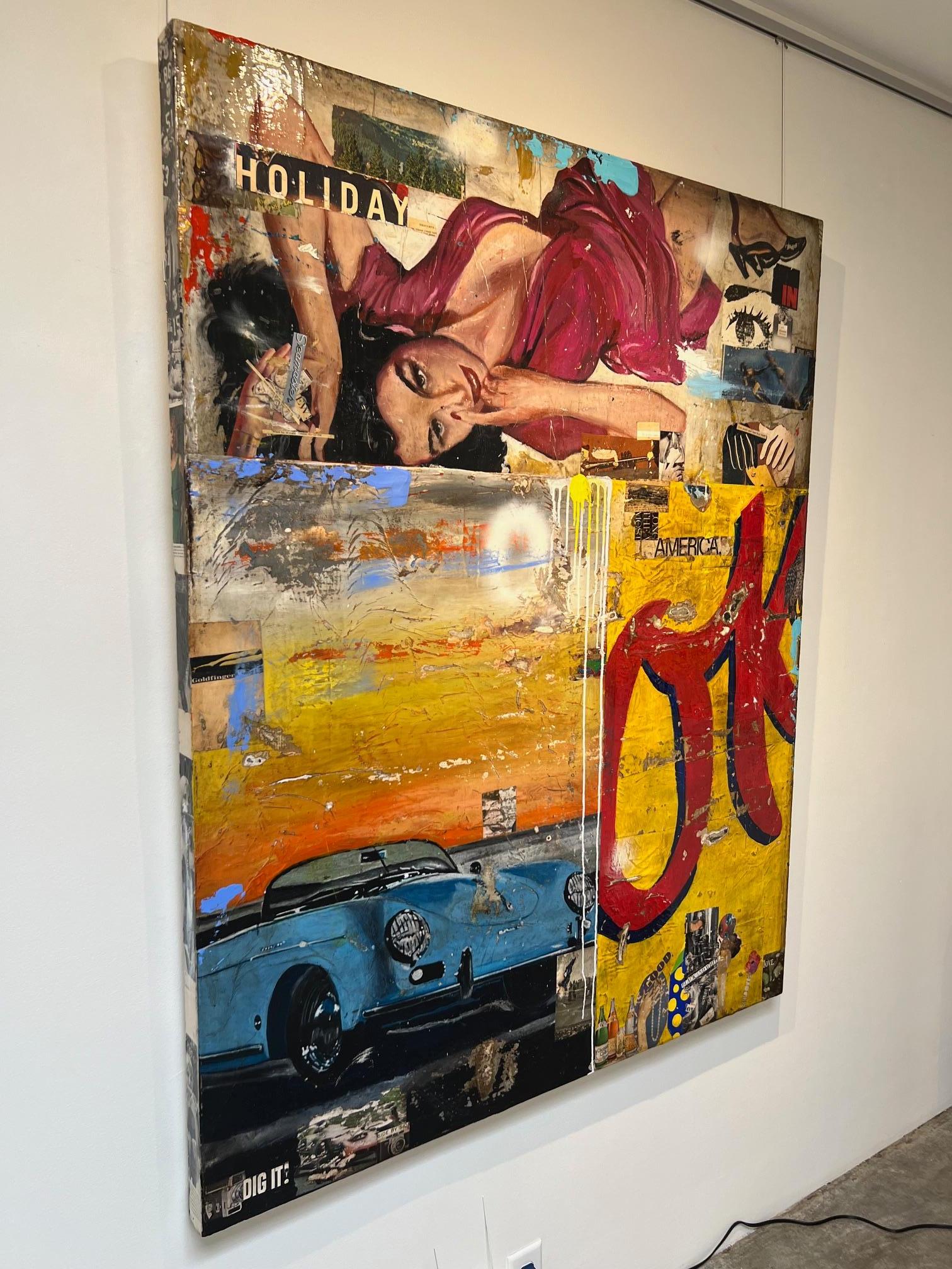 Figura femenina/Retrato_Coche antiguo_Texto_Acrílico/Collage_OK_Greg Miller en venta 1