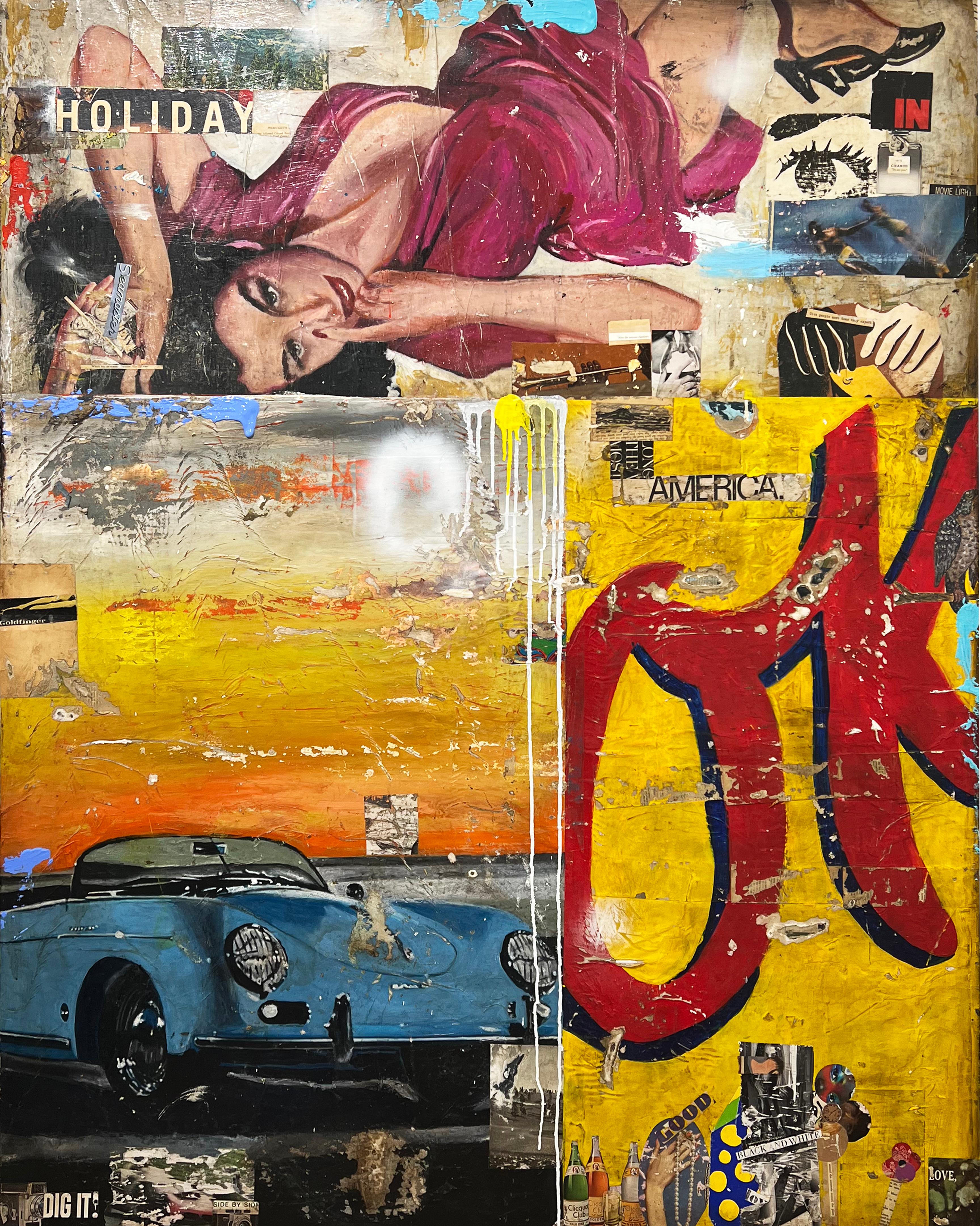 GREG MILLER
"OK" 
Acrílico, Collage
60 x 48 pulg.

Basándose en la diversidad cultural y geográfica de sus raíces californianas, Greg Miller explora su relación con el espacio que habita para comunicar una experiencia urbana particular. Trabajando